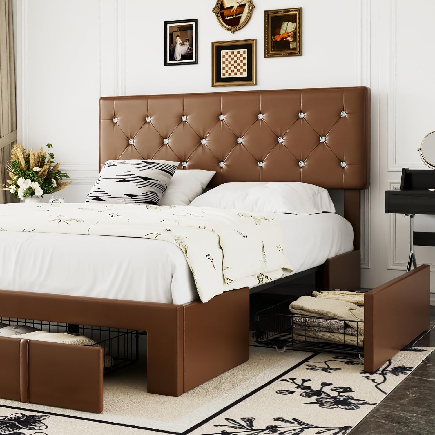 VECELO Full Size Bed Frame with 3 Storage Drawers, Leather Upholstered with Diamond Tufted Headboard, Solid Wood Slat Support & Steel Framework, PU & Brown
