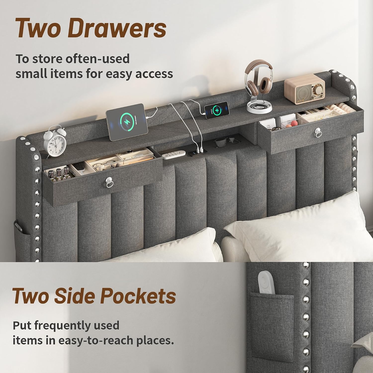 CypBed Full Size Upholstered Platform Bed Frame with 2-Tier Storage Headboard, USB & Type-C Charging Ports, 2 Storage Drawers, Solid Wood Slats, No Box Spring Needed, No-Noise, Dark Grey
