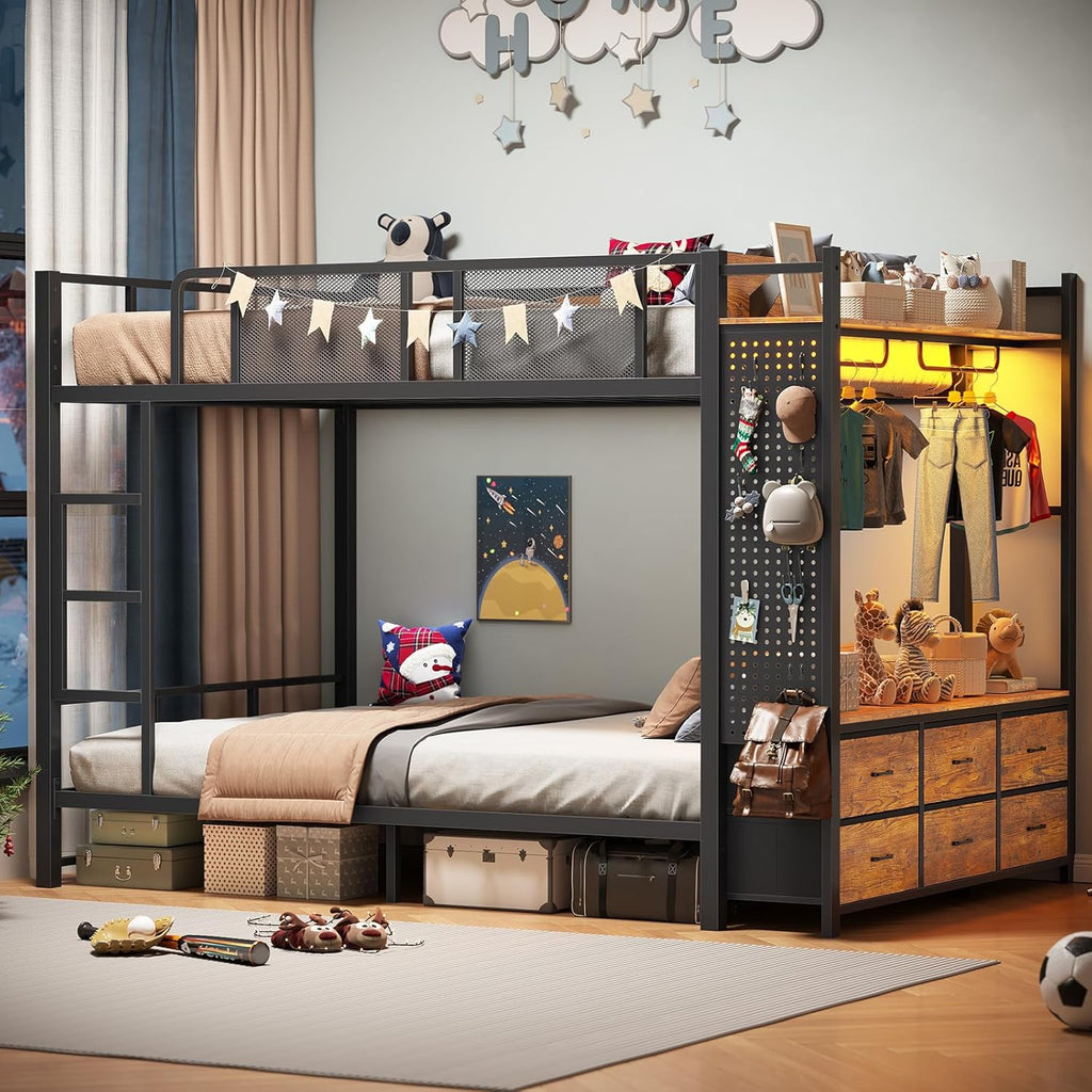 Itaar Metal Bunk Bed Full Over Full with Hall Tree, Power Outlet, LED Bunk Bed with 6 Storage Drawers, Bed with 13'' Safety Guardrail & Ladders for Kids and Teen, 400lb Weight Capacity, Rustic Brown