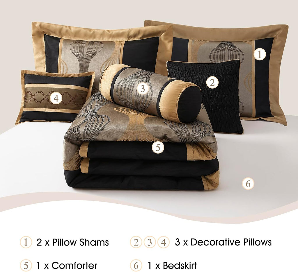 Stratford Park Black King Size Comforter Set, 7 Pieces Jacquard Bedding Sets with Comforter, Bed Skirt, Pillows & Shams, Lightweight Microfiber, Black and Gold, All Season Bedroom Home Décor