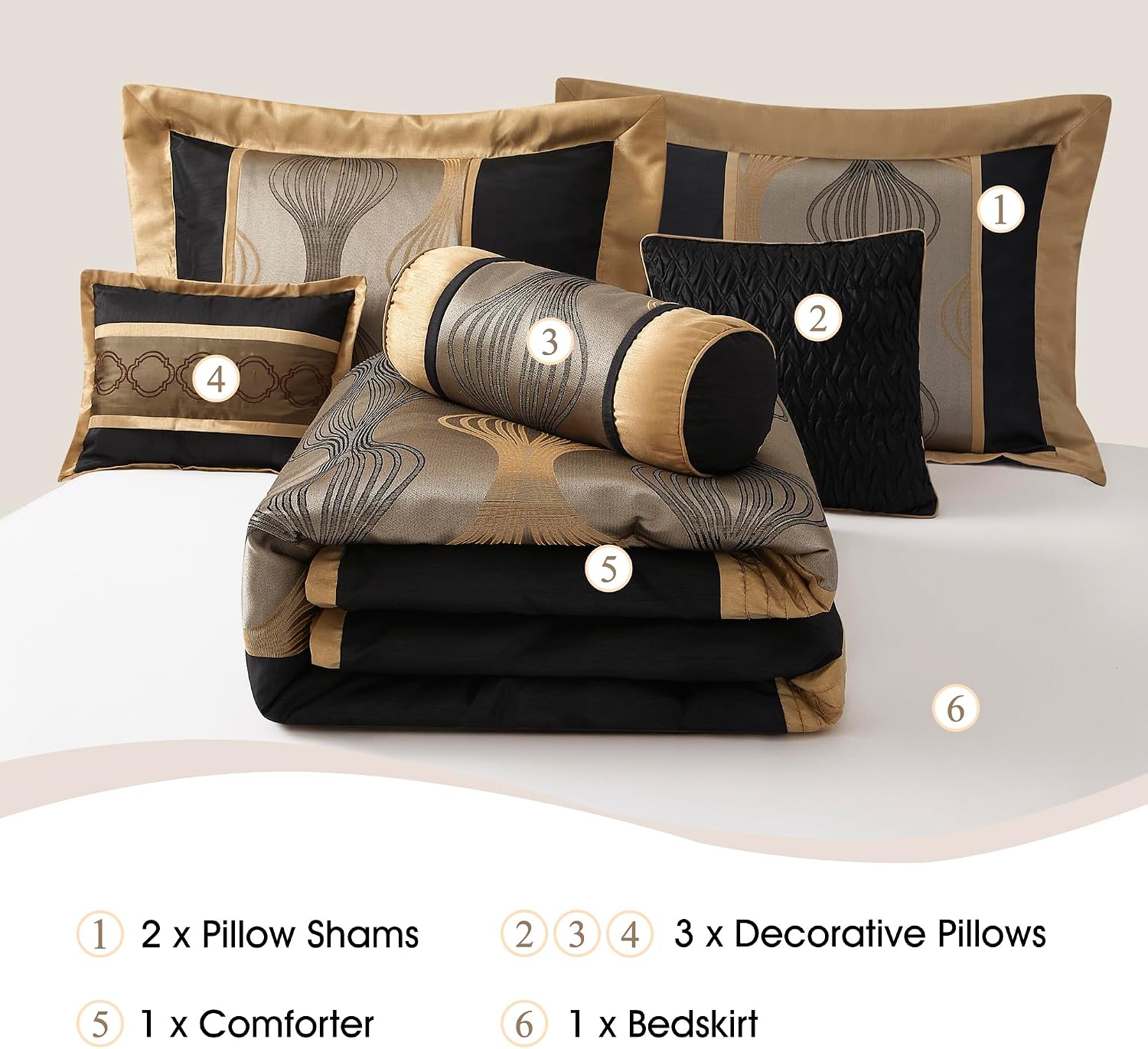 Stratford Park Black King Size Comforter Set, 7 Pieces Jacquard Bedding Sets with Comforter, Bed Skirt, Pillows & Shams, Lightweight Microfiber, Black and Gold, All Season Bedroom Home Décor