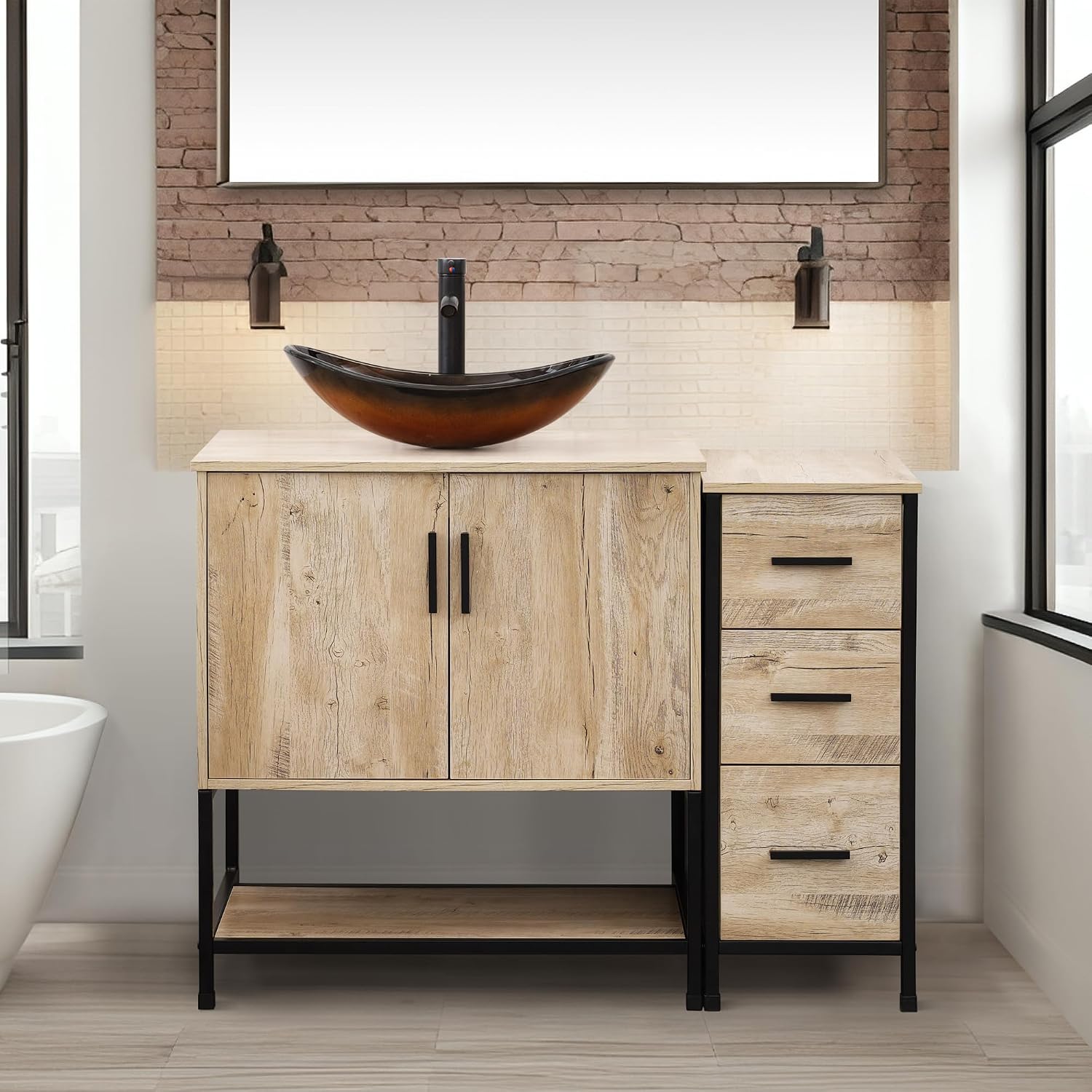 UEV 42' Rustic Oak Bathroom Vanity with Sink Combo,Industrial Iron Frame Bathroom Cabinet Sets with 3 Drawers Side Cabinet,Modern Brown Boat Tempered Glass Vessel Sink(029BR)