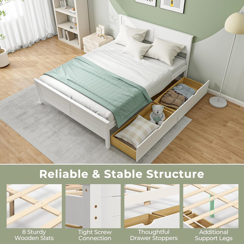 Giantex Wood Full Size Bed Frame with 2 Storage Drawers, Solid Wood Platform Bed with Headboard, Wooden Slats Mattress Foundation, No Spring Needed, Full Bed Frame for Kids, Teens, Adults, White