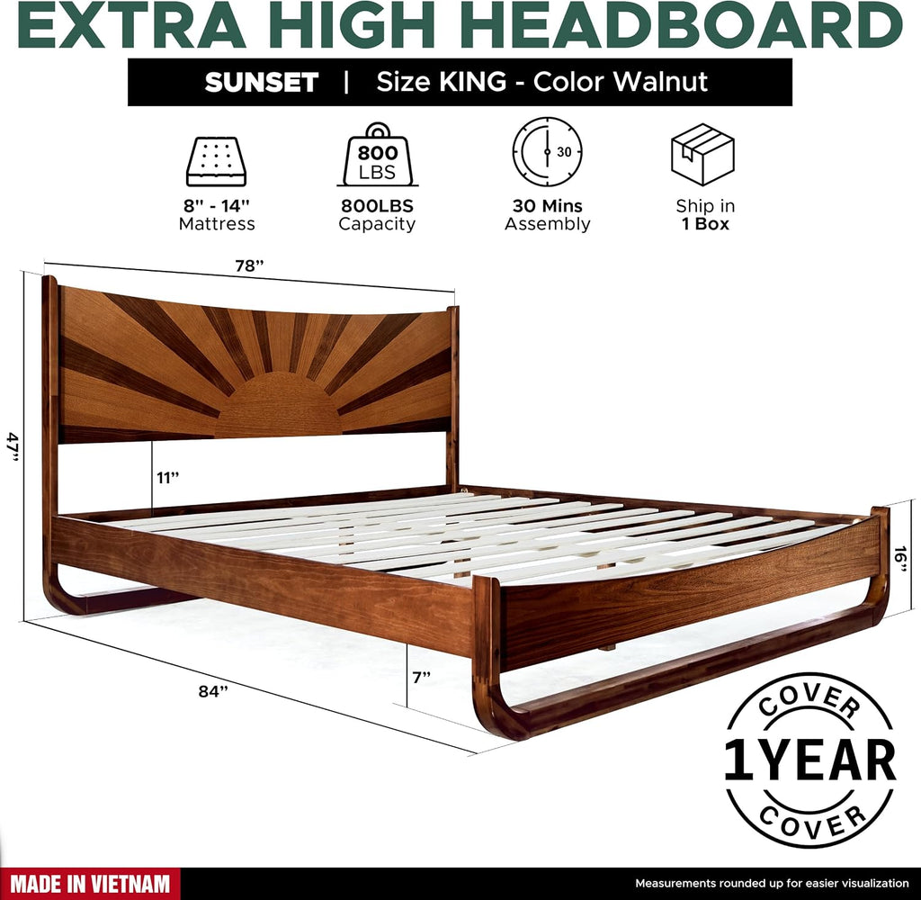 Sunset Deluxe Solid Acacia Wood King Size Platform Bed Frame with Tall Headboard, Mid-Century & Art Deco Design, No Box Spring Needed, Strong Wood Slat Support, Easy Assembly, Walnut