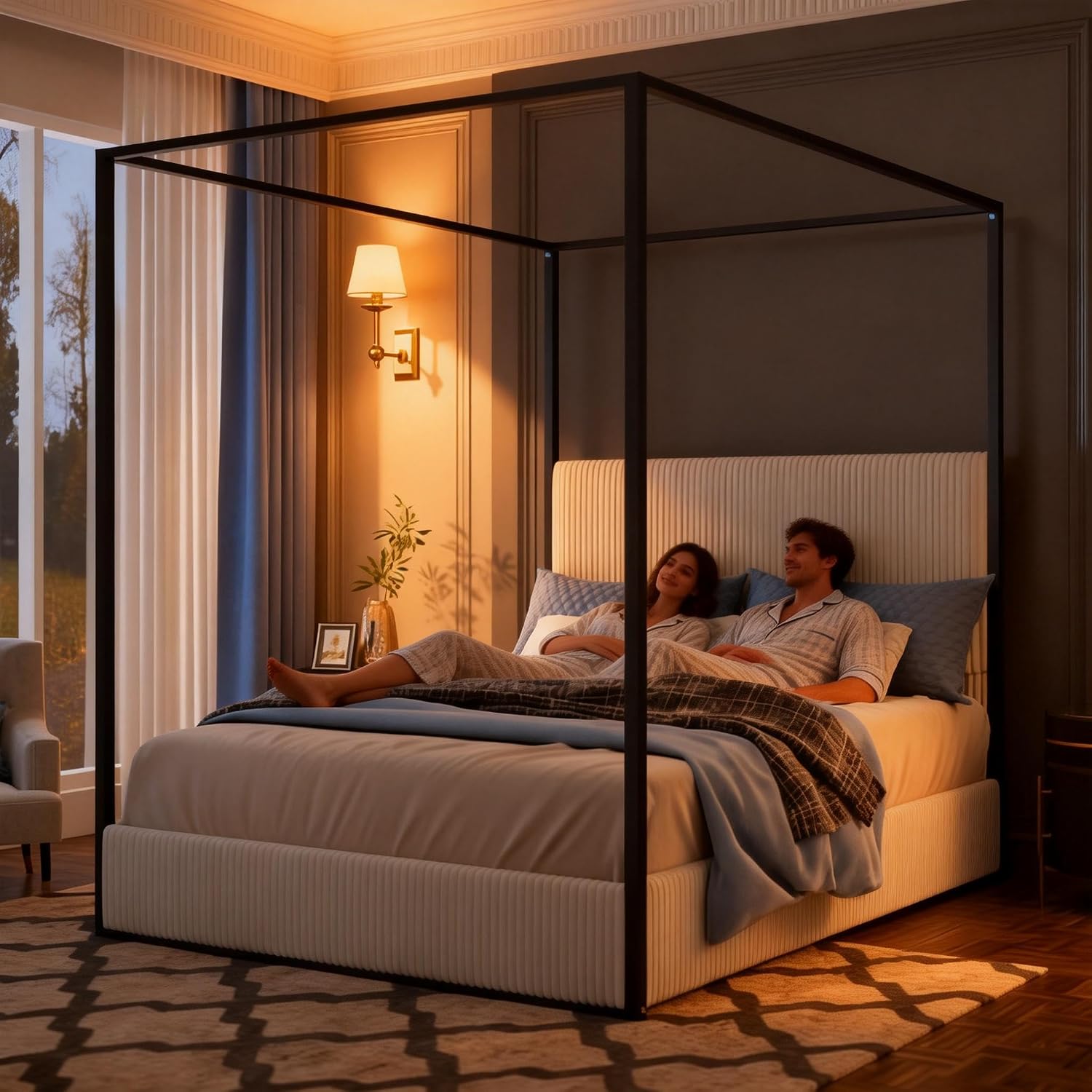 Queen Size Canopy Bed with Tall Upholstered Channel Headboard, Metal 4 Poster Upholstered Bed, No Box Spring Needed (Black + White, Queen)