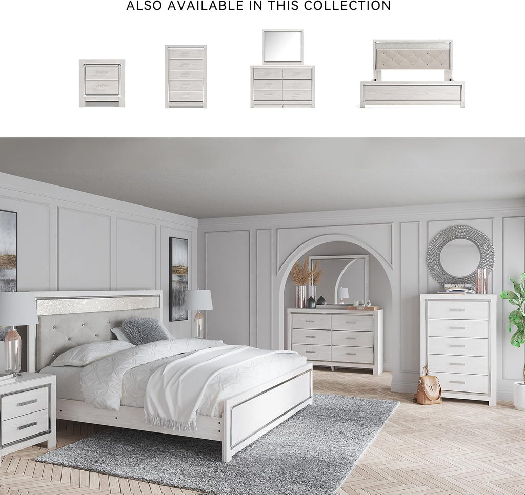 Signature Design by Ashley Altyra Contemporary Adjustable Tufted King Upholstered Panel Bed with LED Lights and Metal Slats, Foundation or Box Spring Needed, White & Gray
