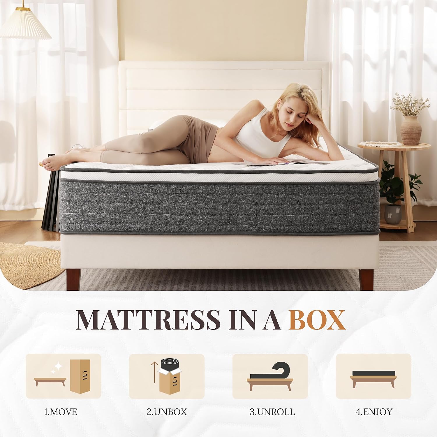 CH Charme House Twin Mattress, 12 Inch Twin Size Hybrid Mattress in a Box, Medium Feel Foam and Individual Pocket Springs, Extra Edge Support, Pressure Relief, CertiPUR-US, Grey
