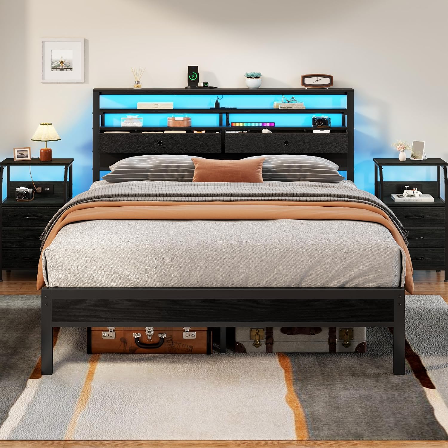 Furnulem Queen Bed Frame with Headboard, 3-Tier Storage Shelves & 2 Fabric Drawers, Built-in Charging Station & RGB LED Lights, Metal Slat Support, No Box Spring Needed, Easy Assembly, Black Oak