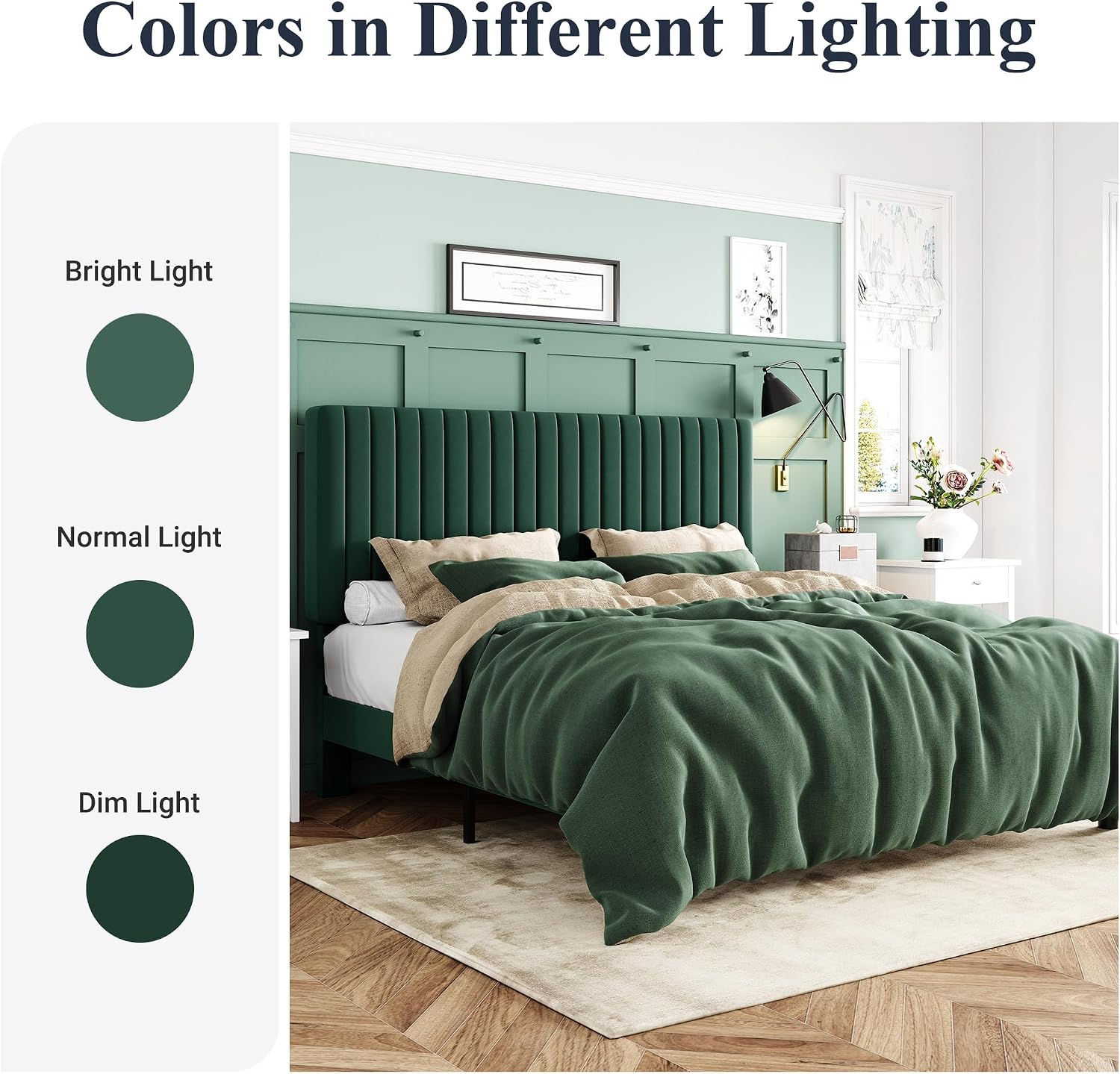 Allewie Full Bed Frame, Velvet Upholstered Platform Bed with Adjustable Vertical Channel Tufted Headboard, Mattress Foundation with Strong Wooden Slats, Box Spring Optional, Easy Assembly, Green