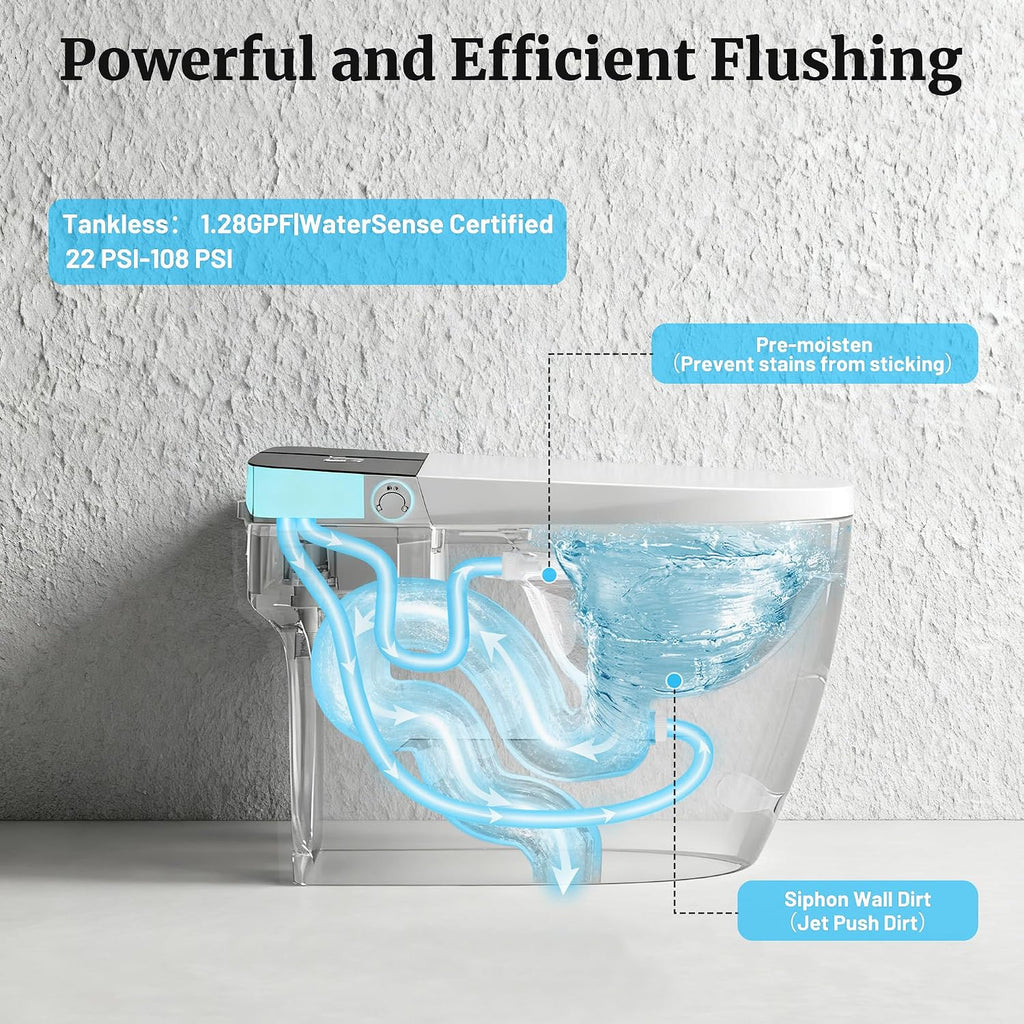 Smart Toilet with Heated Seat & Auto Flush, Electric Tankless Toilets for Bathroom Modern One Piece Toilet with Manual Soft-Close Seat & Lid, Night Light, Water-Saving Siphon Dual Flush