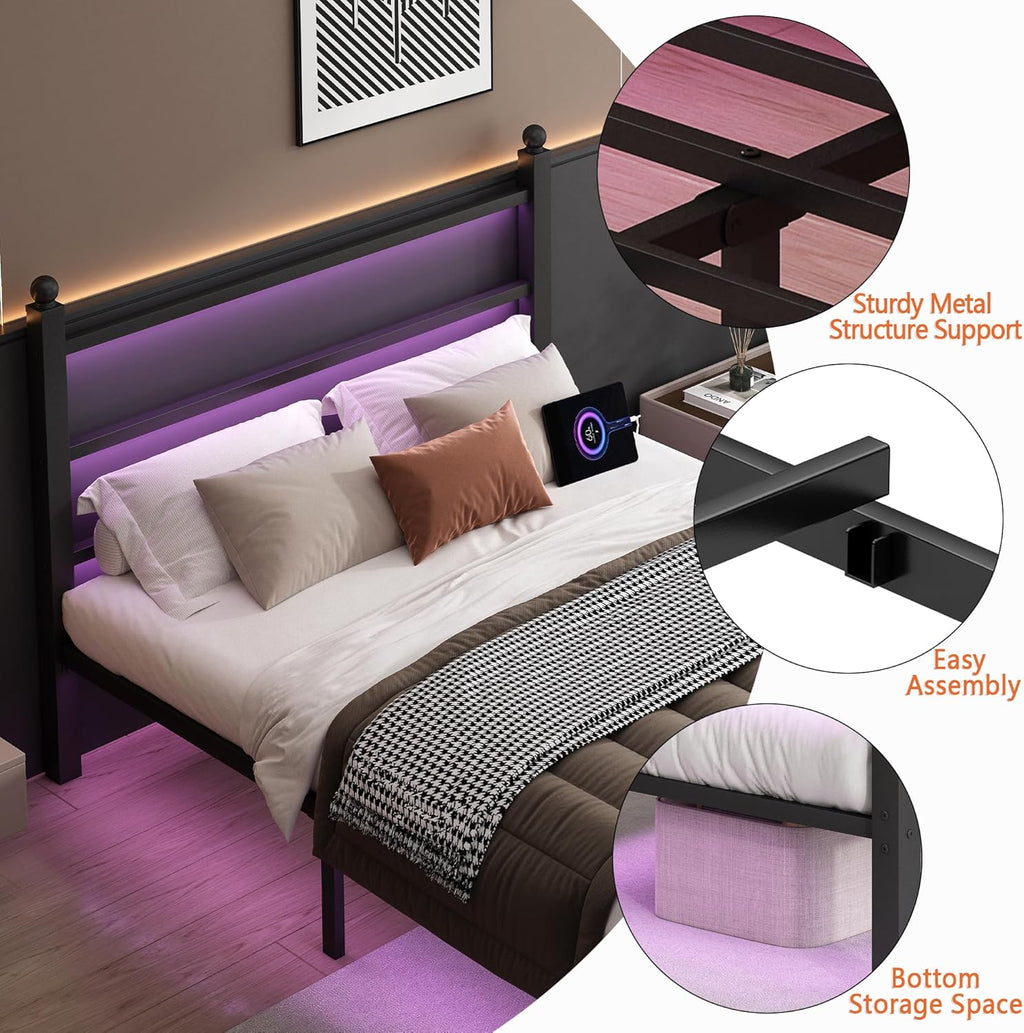 CLIBFENG Queen Size Bed Frame with Headboard and Footboard,Steel Slats Support-LED Bed Frame with USB Charging Station,Mattress Foundation-Under Bed Storage,No Box Spring Needed,Noise Free,Black