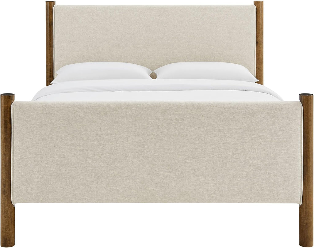 Modway Maven King Size Bed Frame in Ivory Walnut with Upholstered Fabric Headboard and Footboard – Wood King Platform Bed Frame – No Box Spring Needed