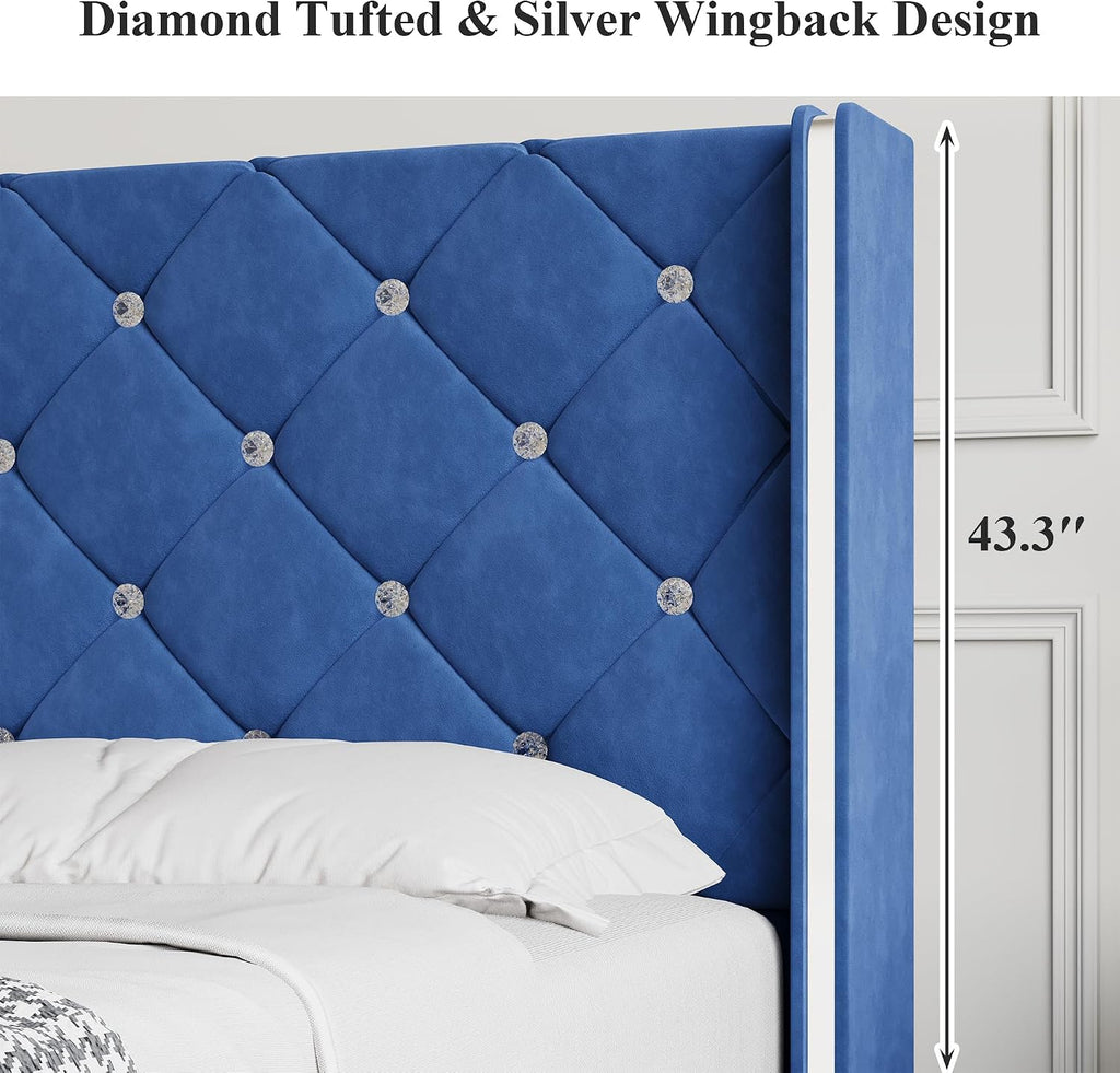 Lullabyre Full Size Bed Frame, Upholstered Bed Frame with Diamond Tufted Headboard, Modern Silverside Wingback, No Box Spring Needed, Easy Assembly, Blue