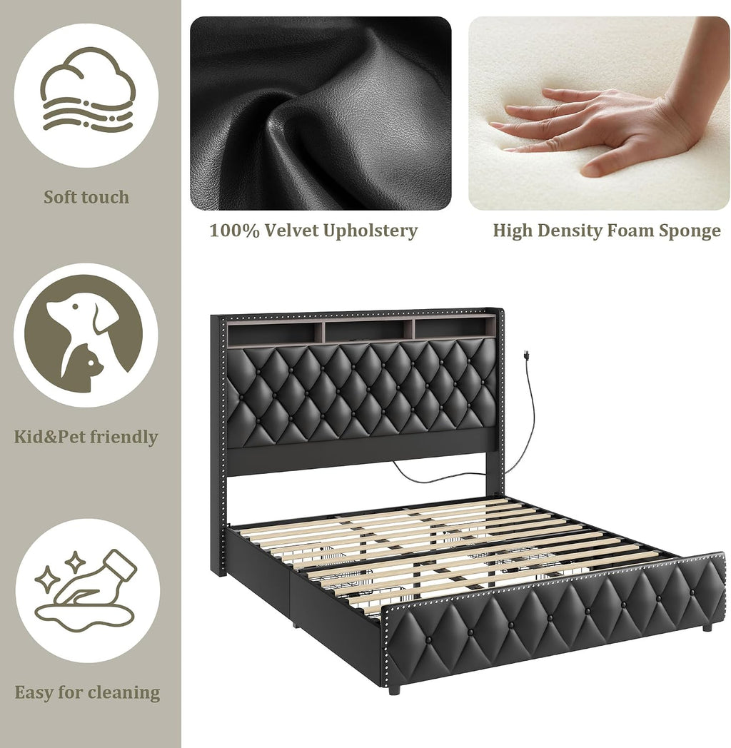 GarveeHome Queen Bed Frame with 50.8 in Tall Headboard, Platform Leather Upholstered Bed Frame with 4 Storage Drawers, USB Charging Station, Led Lights, No Box Spring Needed, Easy Assembly, Black