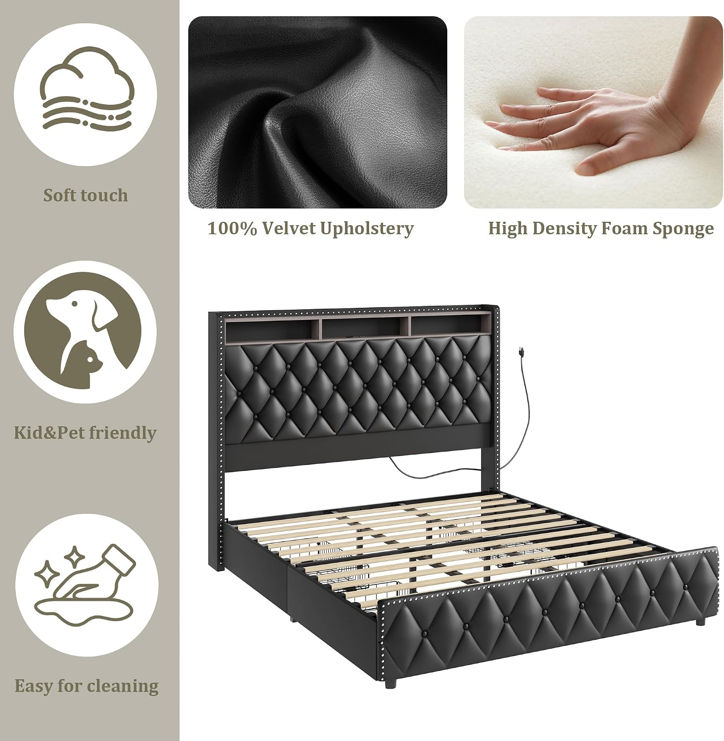 GarveeHome Queen Bed Frame with 50.8 in Tall Headboard, Platform Leather Upholstered Bed Frame with 4 Storage Drawers, USB Charging Station, Led Lights, No Box Spring Needed, Easy Assembly, Black
