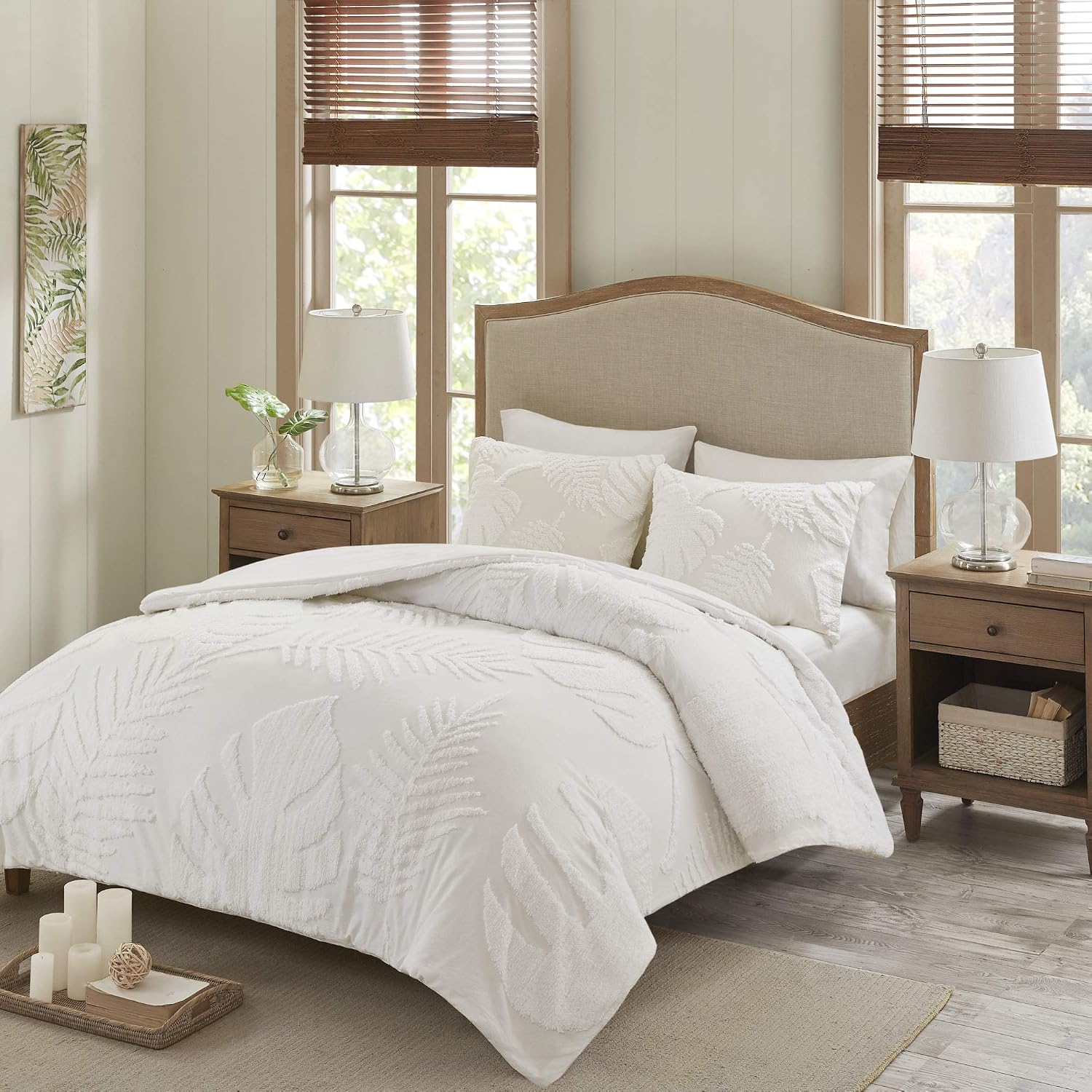 Madison Park Tufted Chenille Cotton Comforter, All Season Bedding Set, Matching Shams, Bahari, Coastal Palm Leaf Off White King/Cal King(104'x92') 3 Piece