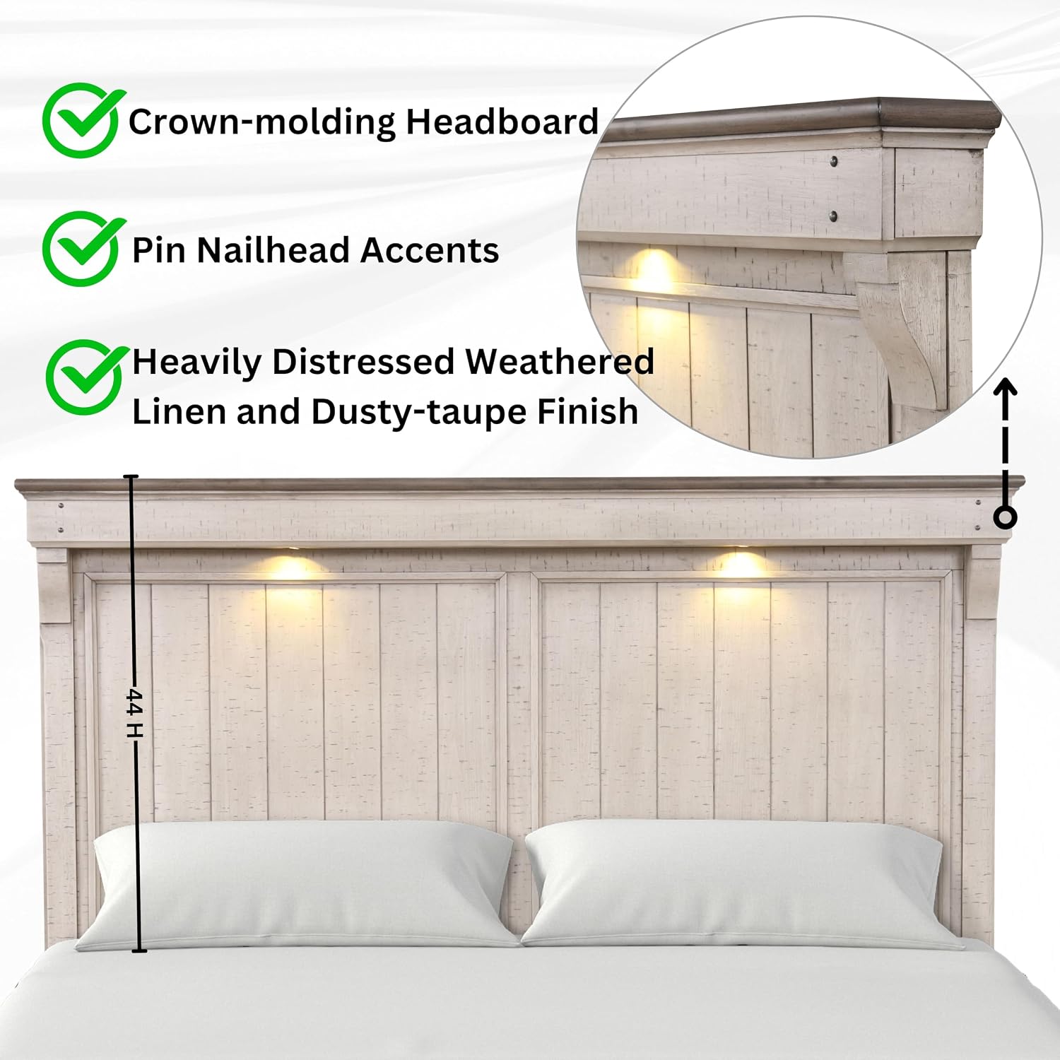 Roundhill Furniture Walcott 3-Piece Bedroom Set with Touch LED Lighting, Weathered Dusty-Taupe Finish, King