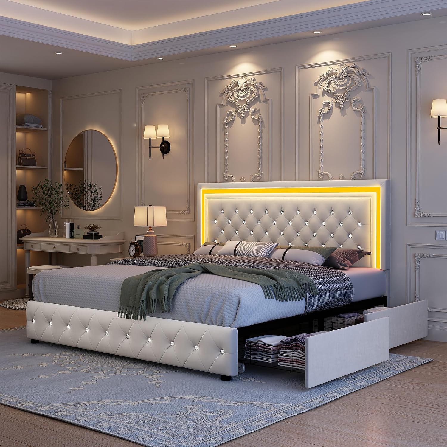 GEGOFORU King Led Bed Frame with 4 Storage Drawers, Bed Frame with Led Lights No Box Spring Needed, 900 lbs Capacity, Easy Assembly, Velvet Cream
