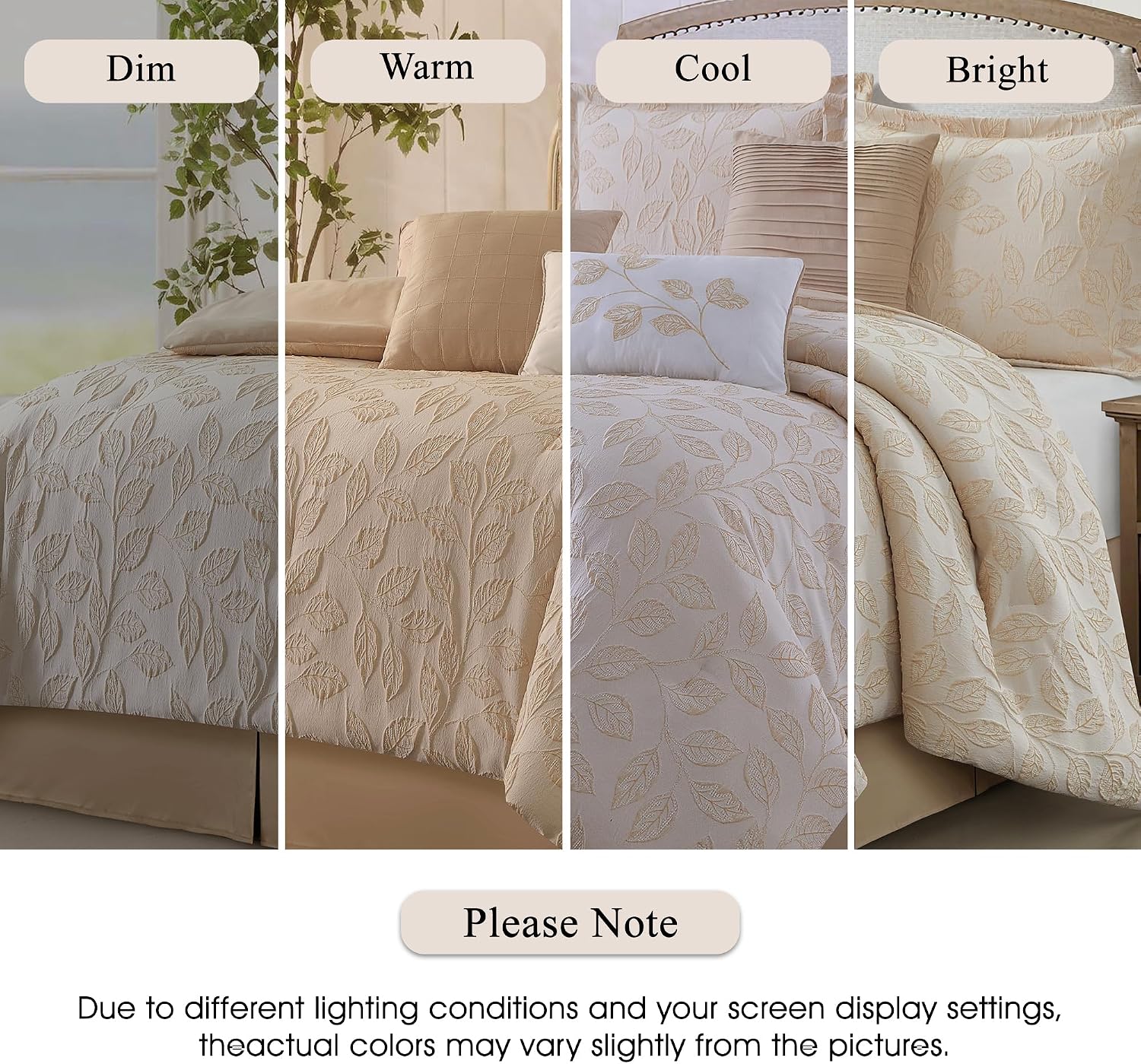 Stratford Park 3D Jacquard Leaves Polyester Comforter Set, 7 Piece Beige Gold Queen Size Bedding Set, All Season Bedding, Matching Pillows, Shams, Bed Skirt