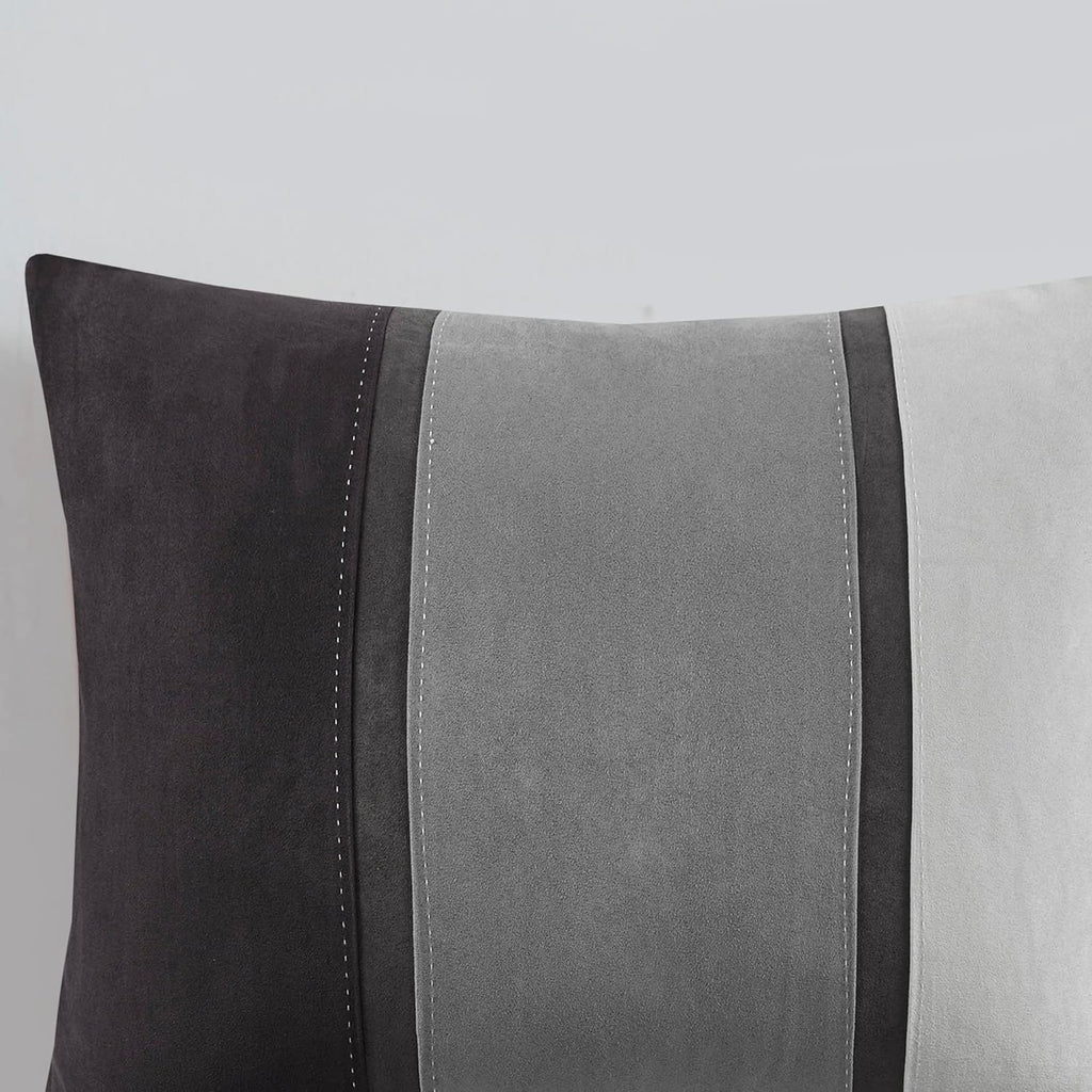 Madison Park Palisades Comforter Set Modern Faux Suede Pieced Stripe Design, All Season Down Alternative Cozy Bedding with Matching Shams, Decorative Pillows, King(104'x92'), Black 7 Piece