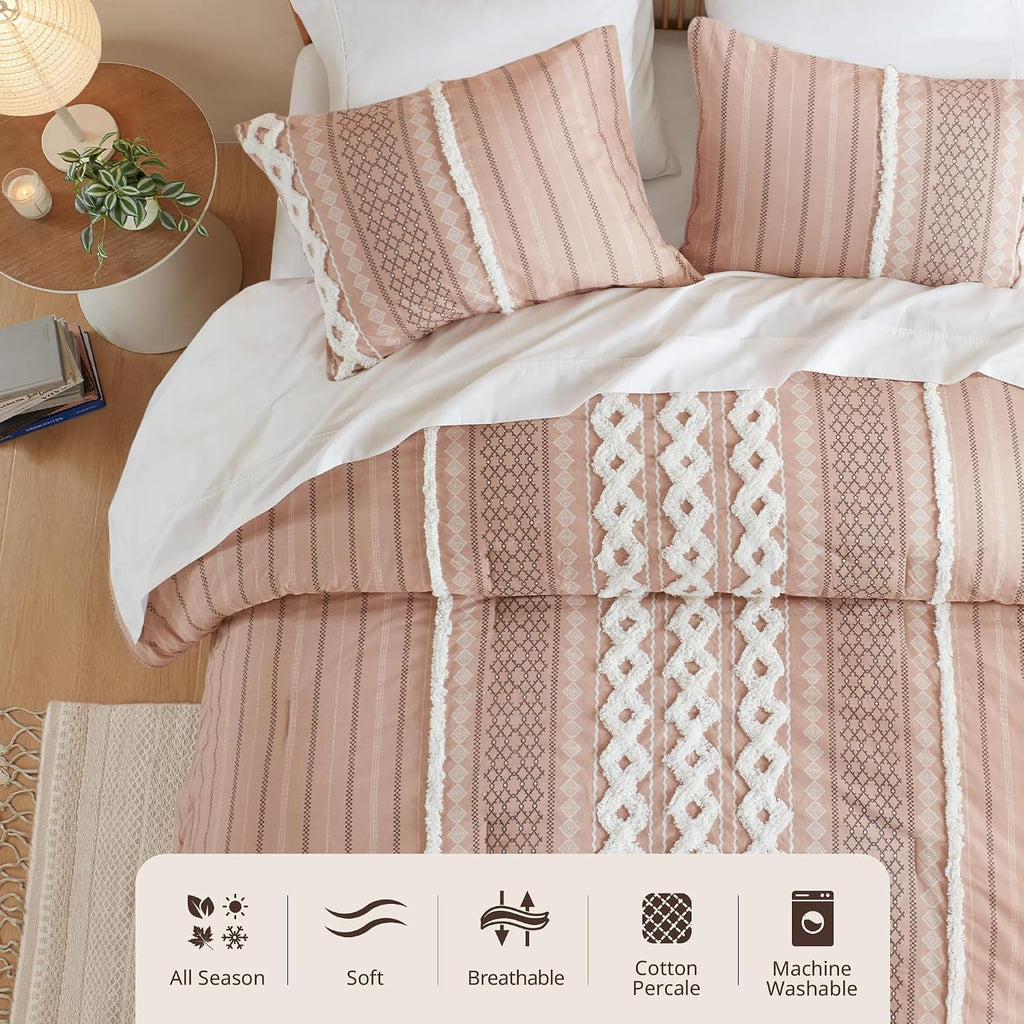 INK+IVY Comforter for King Size Bed, Chenille Tufted, Breathable Cotton Comforter Set King, All Season Modern Boho Comforter with Farmhouse Bedding Flare, 2 Matching Shams, King Blush 3 Piece