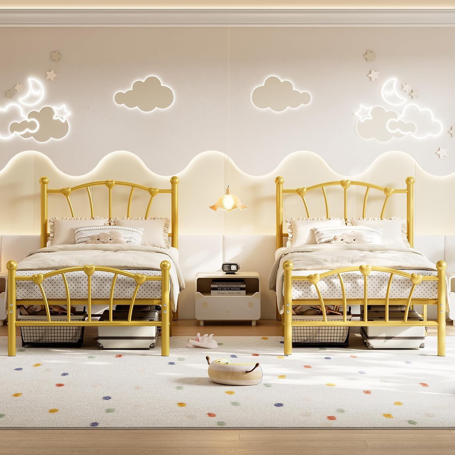 GarveeHome Twin Size Bed Frame, Heart Shaped Metal Bed Frame with Headboard and Footboard, Platform Bed Frame with Sturdy Slat Support, Underbed Storage Space, No Box Spring Needed, Gold