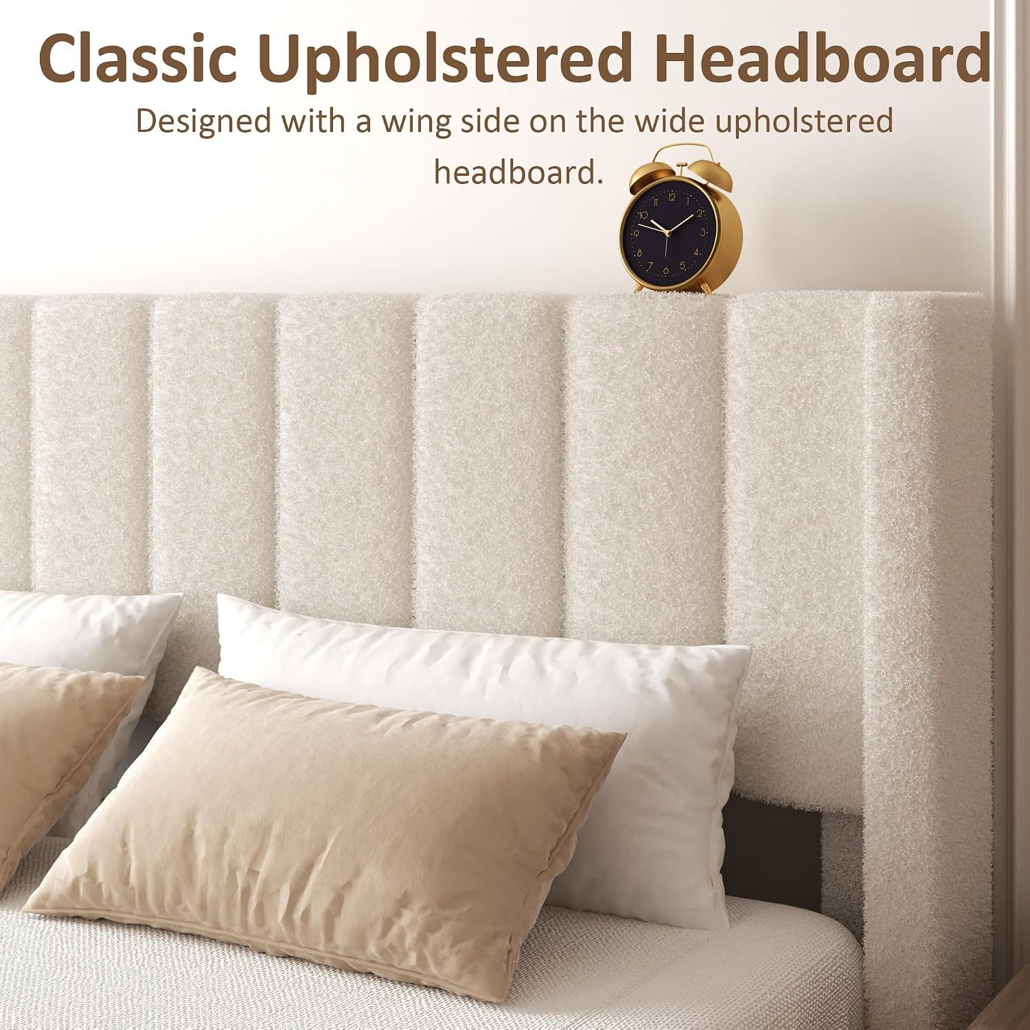 King Bed Frame with Headboard Upholstered Platform Bed Frame with Teddy Velvet Headboard, Wooden Slats Support/Wing Edge Design/No Box Spring Needed/Easy Assembly, Beige King