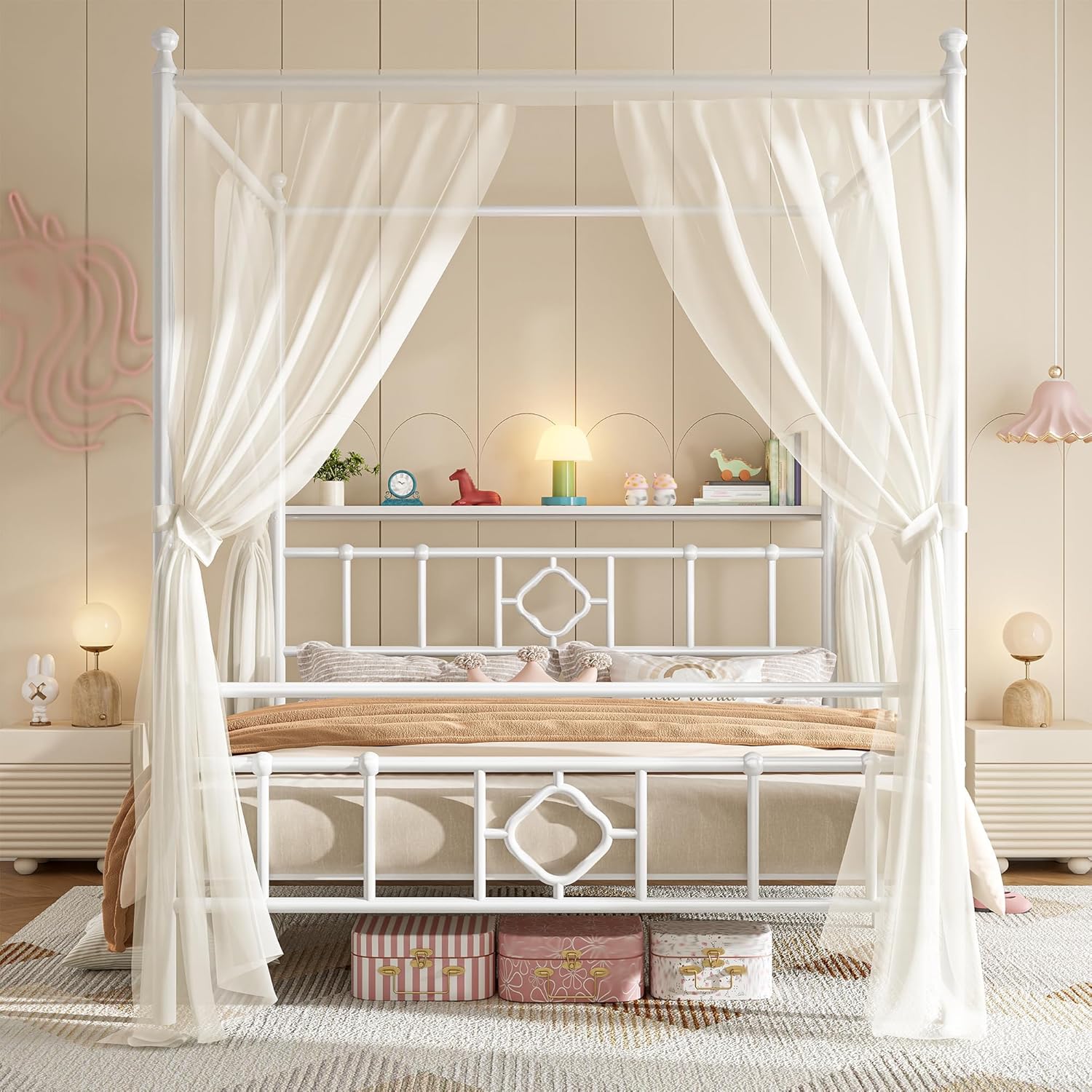 Homkdom Canopy Bed Frame with Storage Headboard, Full Size Bed Frame with 4 Removable Posts, Sturdy Metal Platform with Under-Bed Storage, Dual Purpose Bed Frame, No Box Spring Needed, White