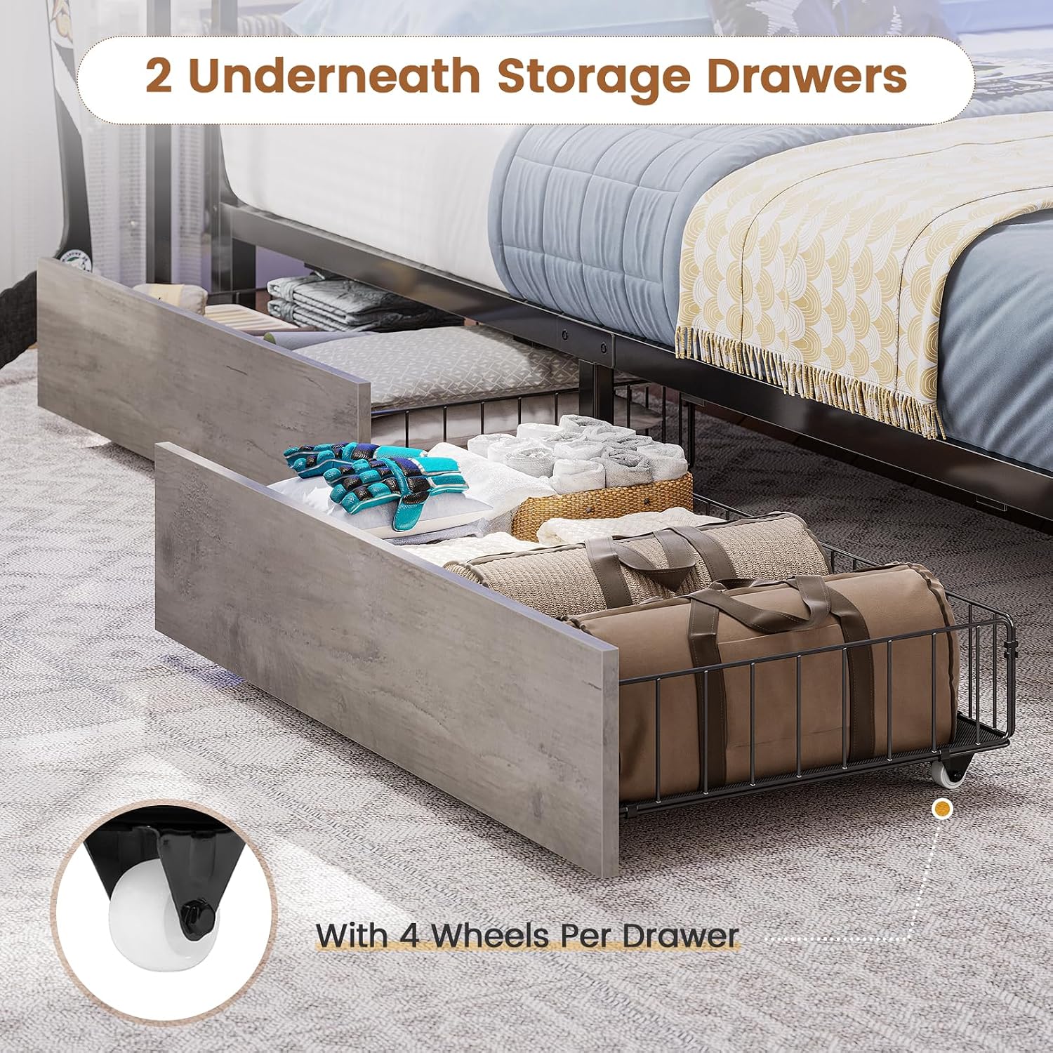 Hasuit Corner Bed Frame Twin with 2 Drawers and Storage Bookcase, Daybed with Charging Station and LED Lights, Metal Platform Bed with Bookshleves,Twin Size Bed Frame for Kids Teens Guests, Oak Gray