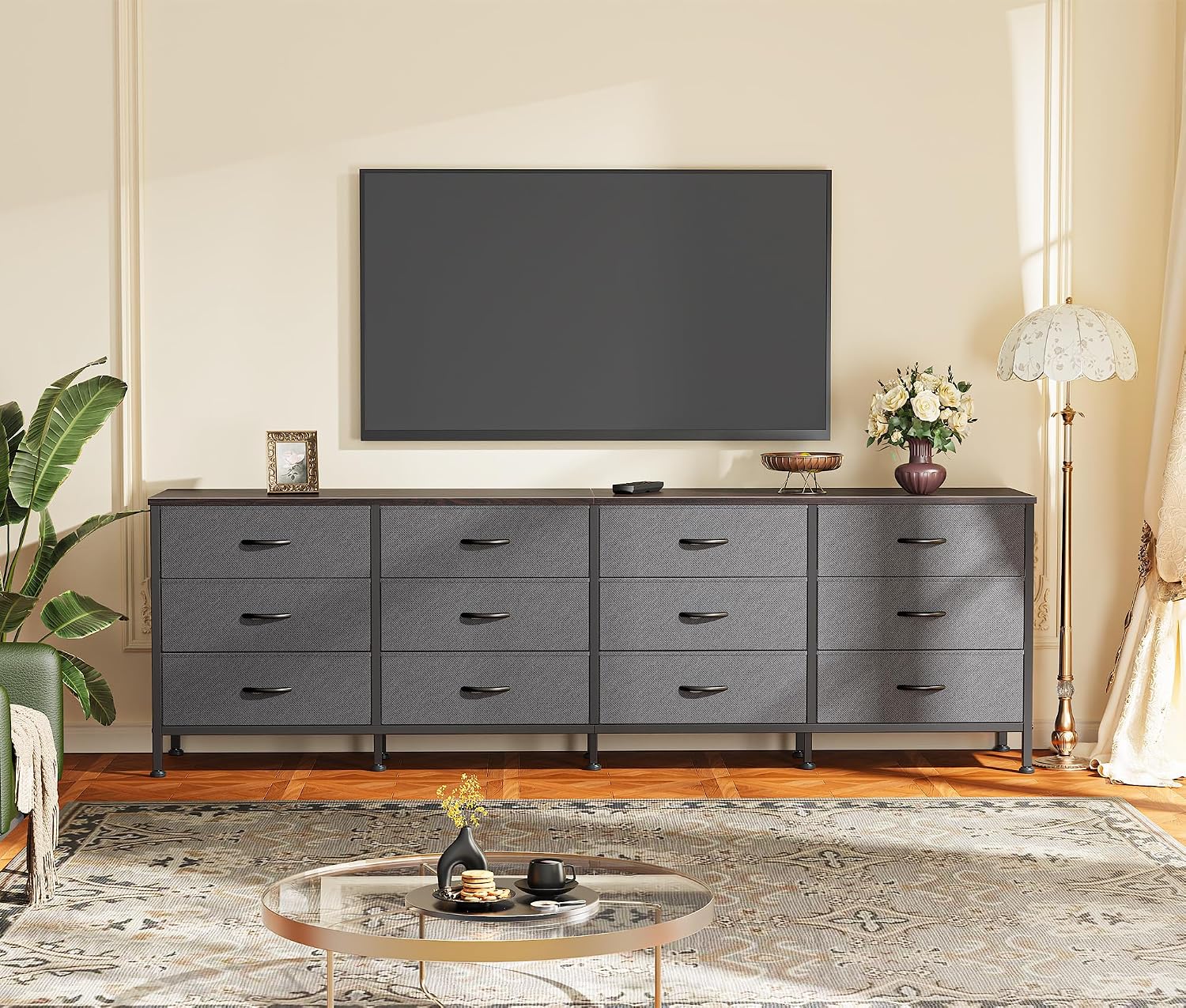 Huuger 70 Inch Dresser for Bedroom, TV Stand for 65, 75, 80 Inch TV, 12 Drawer Long Dresser, Large Storage Organizer Unit, Wide Chest of Drawer with Storage, Fabric Drawer for Living Room, Dark Grey