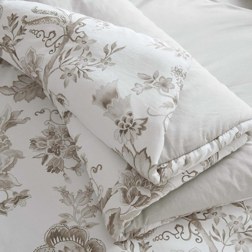 Martha Stewart - King Comforter Set, Smooth Sateen Front with Subtle Sheen & Lightweight Cotton Percale Reverse, 3 Piece Bed Set with Matching Pillowcases (Avery Floral Grey)