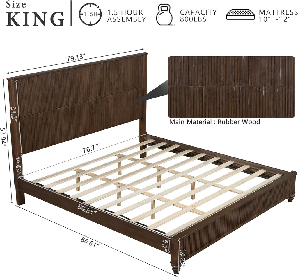 King Size Solid Wood Platform Bed Frame, Wood Platform Bed Frame with 79.13' Headboard, Solid Wood Leg/No Box Spring Needed/Noise Free/Brown