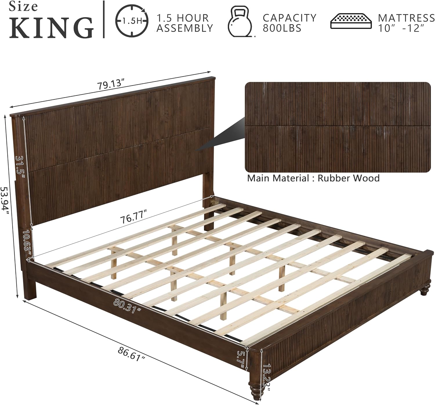 King Size Solid Wood Platform Bed Frame, Wood Platform Bed Frame with 79.13' Headboard, Solid Wood Leg/No Box Spring Needed/Noise Free/Brown