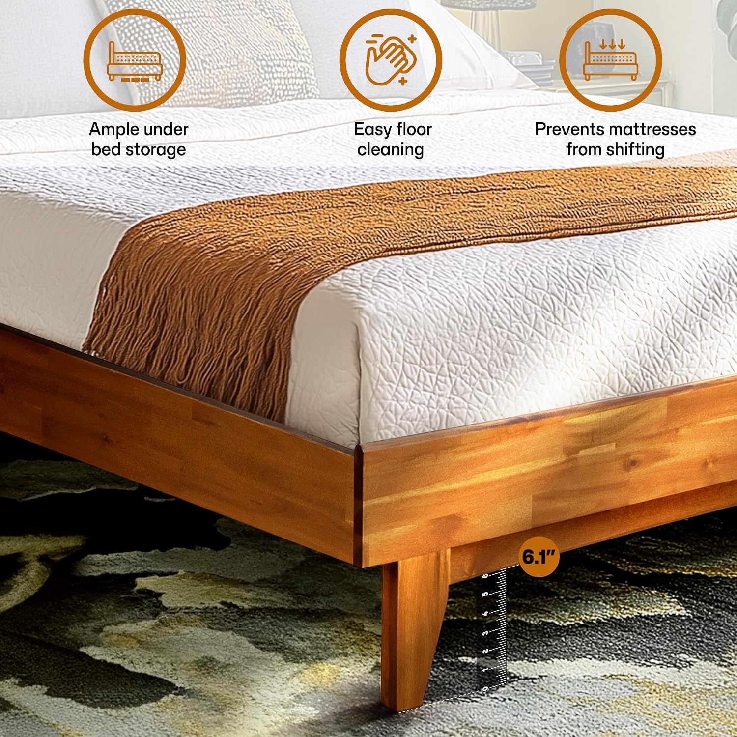 Acacia Aurora Wooden Bed with Headboard, King Size Bed Frame, 800lbs Capacity Wood Bed Compatible with All Mattress Types, Non-Slip & Noise-Free, Wood Slats Support, Easy Assembly, Caramel.