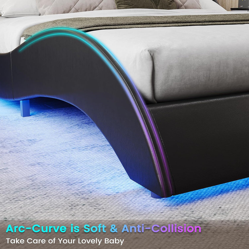 DICTAC Queen Bed Frame with Led Lights and Charging Ports Modern Upholstered Queen Size Platform Bed with Headboard Faux Leather Wave Like Curve Low Profile Platform Bed Frame,Wood Slats Support,Black