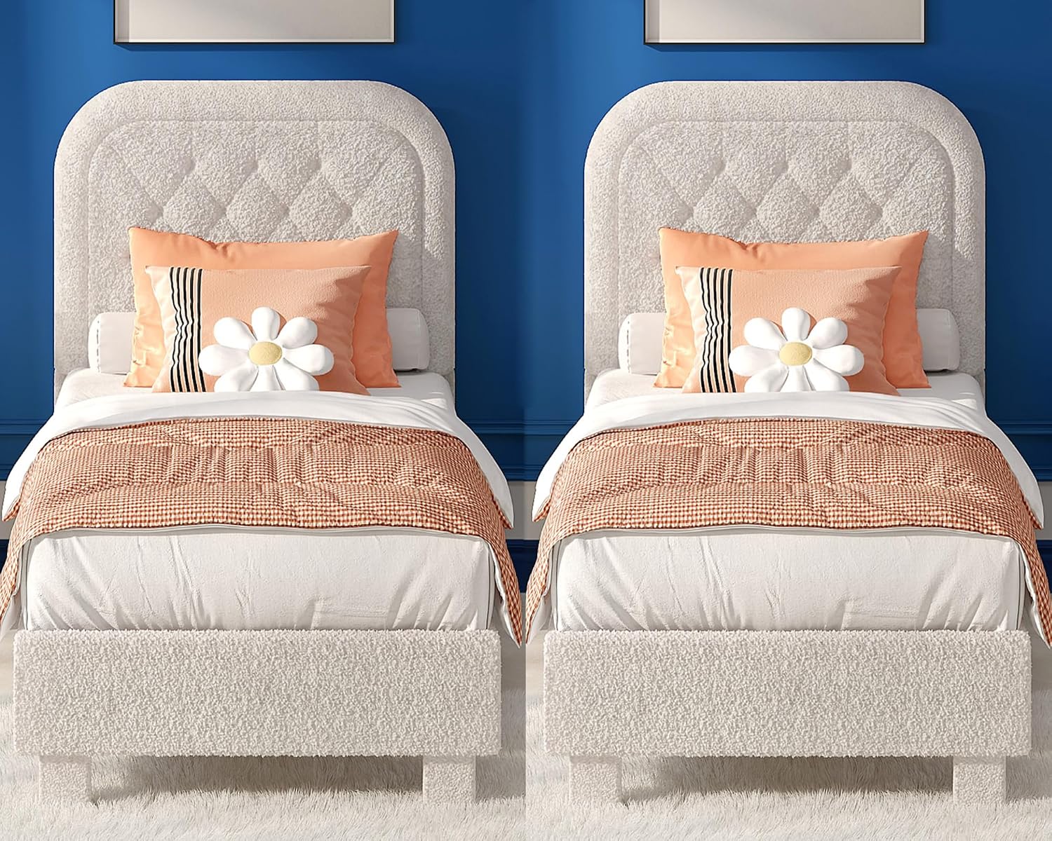 VINGLI Twin Bed Frame Set of 2 with Headboard,Cloud Bed with Rounded Corners, Cream Design,Boucle Upholstered Platform Soft Bed with Sturdy Wood Slats Support,for Kids Teens Adults, White