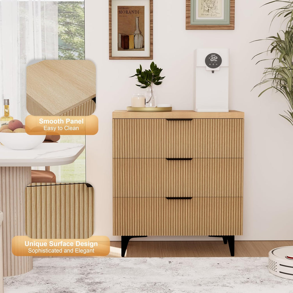 Royal Windsor Large Night Stand Fluted Nightstand with 3 Drawers, Side End Table with Storage, Modern Oversized Nightstands Bedside Table for Bedroom, Natural Oak
