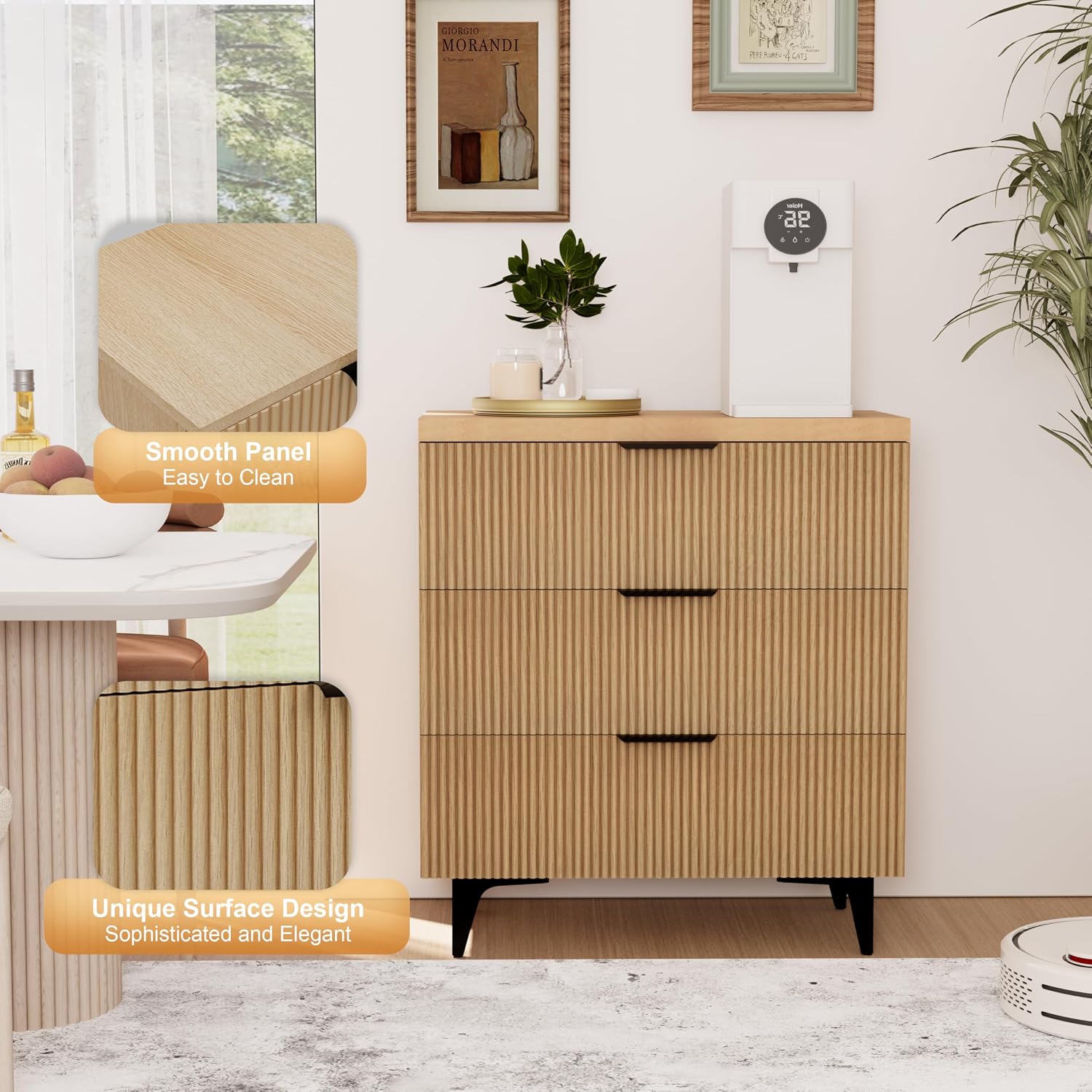 Royal Windsor Large Night Stand Fluted Nightstand with 3 Drawers, Side End Table with Storage, Modern Oversized Nightstands Bedside Table for Bedroom, Natural Oak