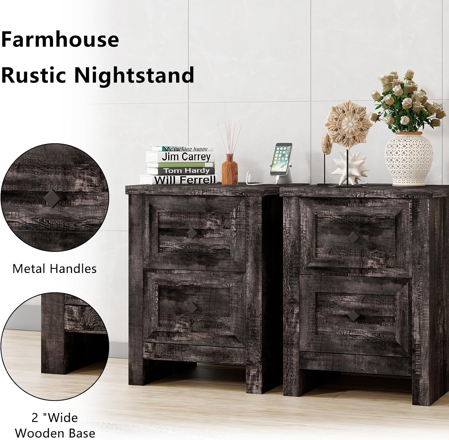 LUXOAK 3 Pieces Bedroom Sets, Includes Queen Size Lift Up Storage Bed with Storage Headboard & Charging Station, 2 Drawers Farmhouse Nightstand Set of 2 with Charging Station, Black