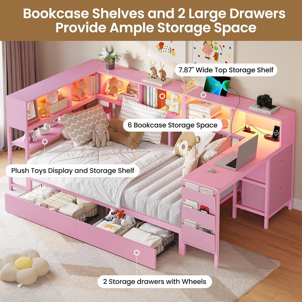 DICTAC Corner Twin Bed Frame with Desk,Charging Station and Bookcase Storage Pink Bed Frame for Girls with Storage Drawers and Led Lights Twin Size Daybed with Open Shelves,No Box Spring Needed