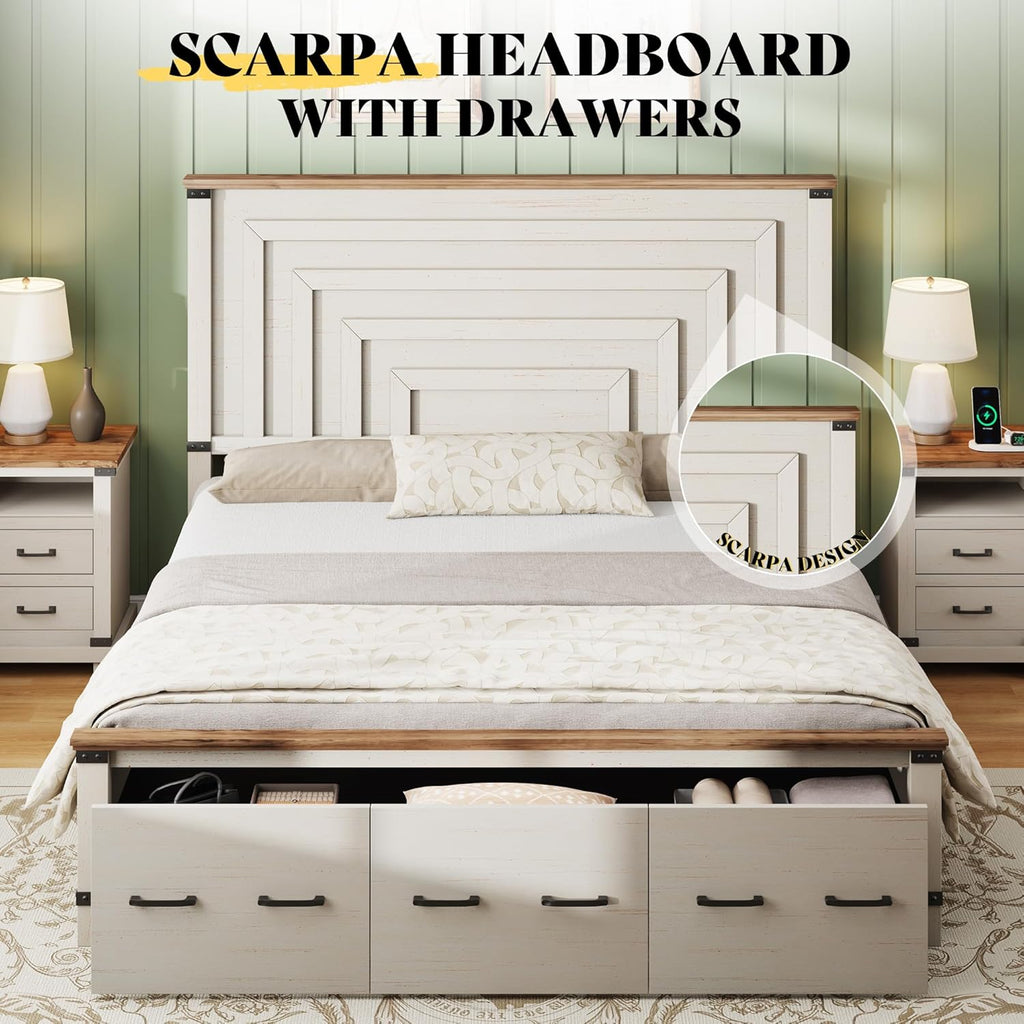 AMERLIFE Farmhouse King Size Bed Frame with 51' Tall Geometric Headboard & Footboard, Rustic Wood Platform Bed Frame/w 3 Large Storage Drawers, Wood Slats Support, No Box Spring Needed, Rustic White