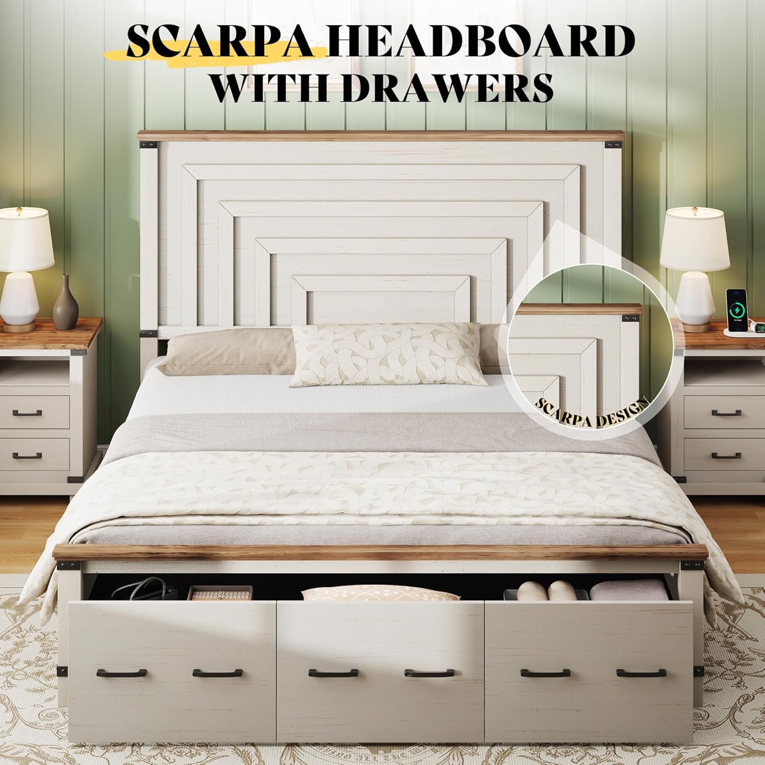 AMERLIFE Farmhouse King Size Bed Frame with 51' Tall Geometric Headboard & Footboard, Rustic Wood Platform Bed Frame/w 3 Large Storage Drawers, Wood Slats Support, No Box Spring Needed, Rustic White