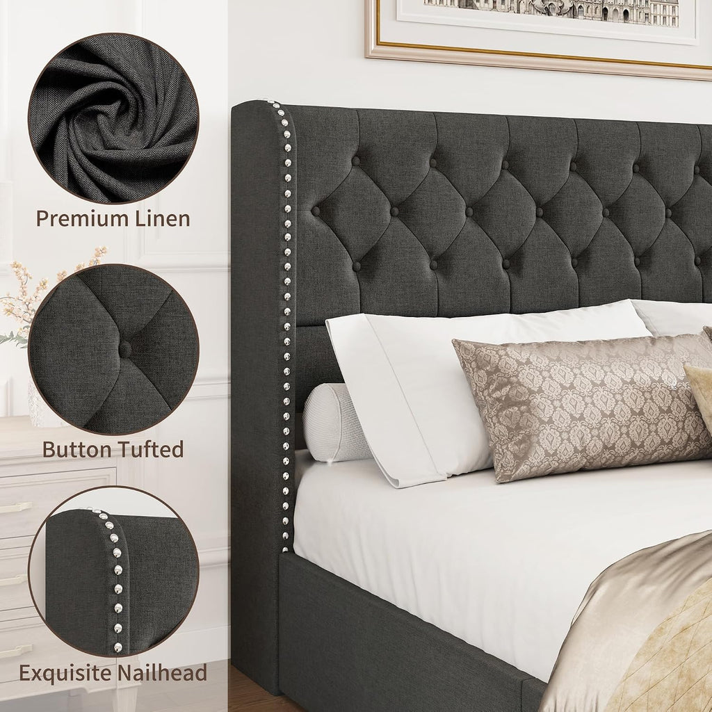 BRELTAM King Size Bed Frame with Storage Drawers and Wingback Headboard Linen Upholstered Platform Bed Frame Tufted Beds with Heavy Duty Wood Slats, Noise Free, Easy Assembly, Dark Grey