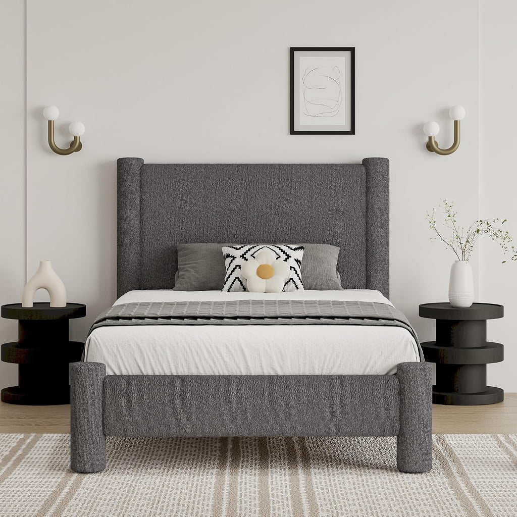 REVOMINCA Twin Size Bed Frame, Boucle Upholstered Platform Bed with Headboard and Footboard, Soft Rounded Corners, No Box Spring Required, Easy Assembly, Dark Grey