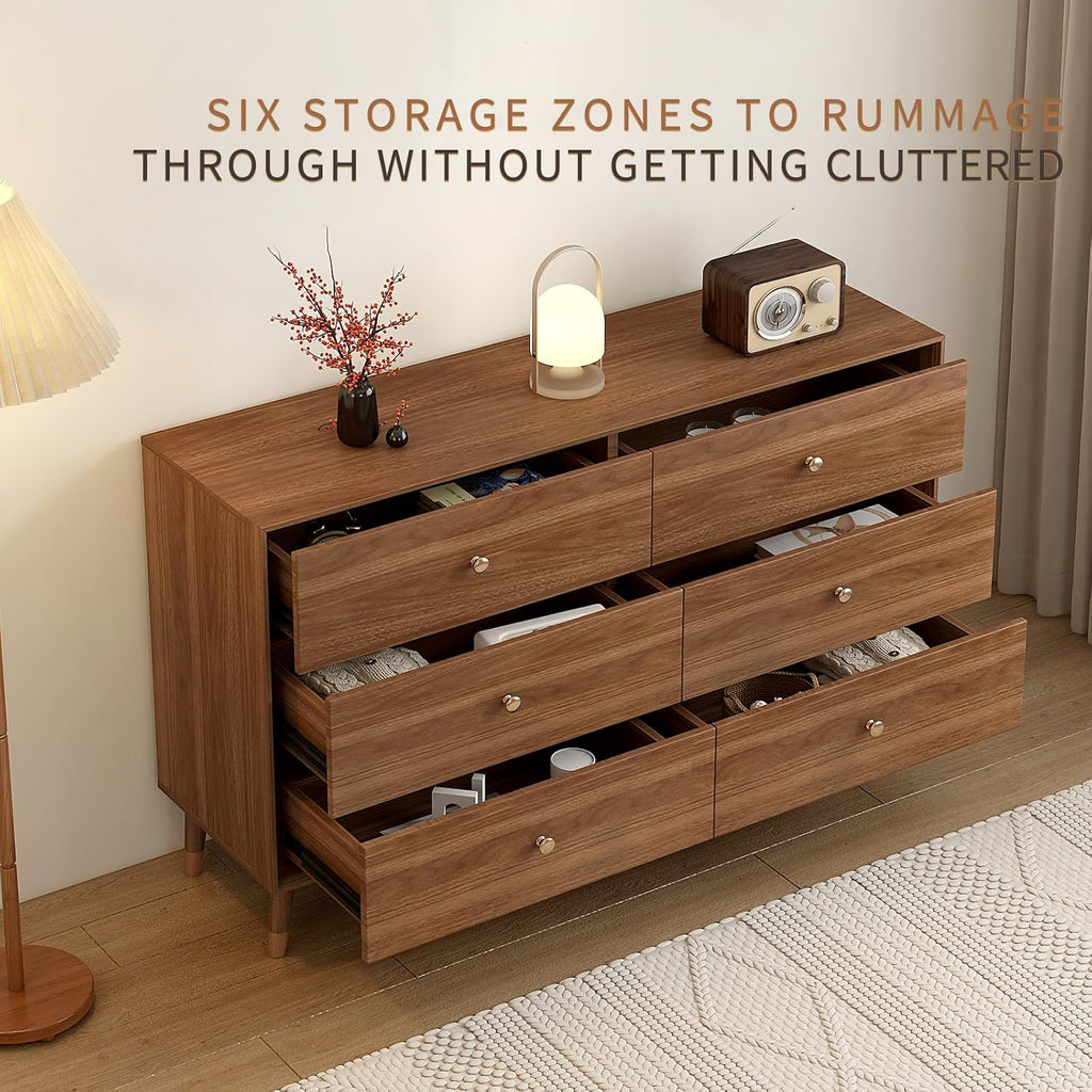 6 Drawer Dresser For Bedroom, 2 PCS 47 Inch Dresser for Closet with Walnut Frame, Modern Wood Chest of Drawers with Natural Texture & Pre-Embedded Slots For TV Stand, Living Room, Hallway, Office