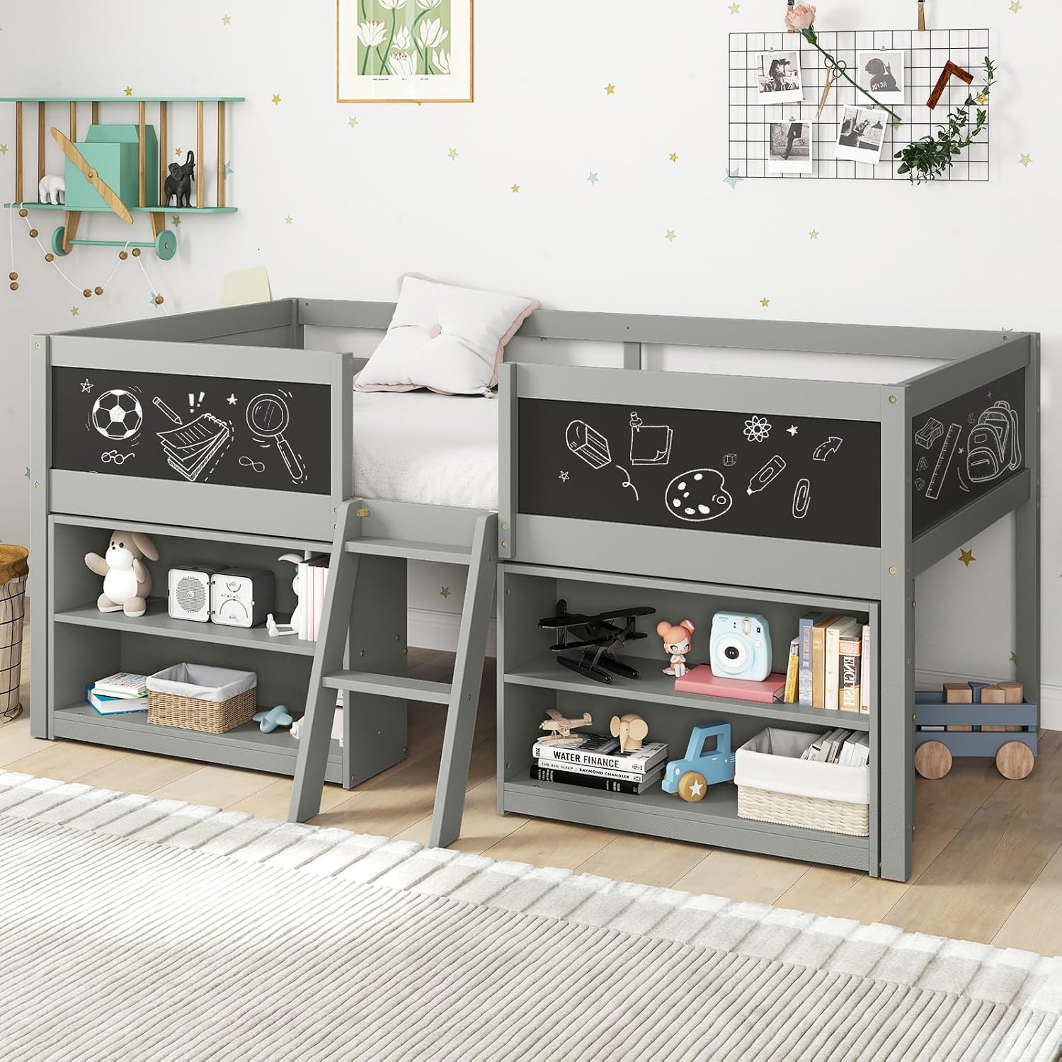 Giantex Low Loft Bed Twin Size, Wooden Loft Bed with Ladder & Blackboard, Twin Bed Frames for Kids with Storage 2 Bookcases and Play Space, Grey