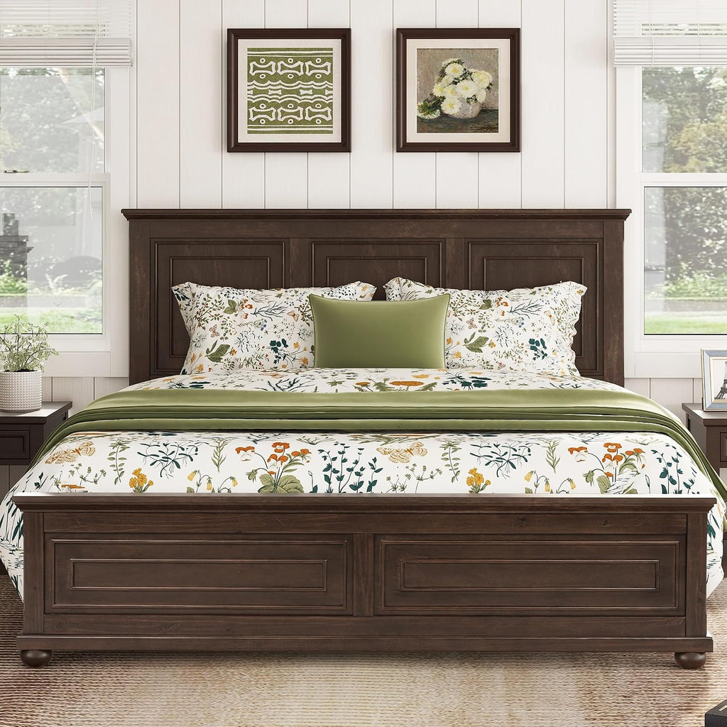 Mirightone Wood King Bed Frame with Tall Headboard and Footboard, Rustic King Panel Bed with Under Bed Storage, Farmhouse Style, Noise-Free, No Box Spring Needed, Antique Brown