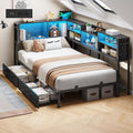 DICTAC Corner Twin Bed Frame with Bookcase Storage and Led Lights Metal Platform Bed Frame with 2 Drawers and Charging Station Twin Size Daybed for Kids/Teen with Storage,Kids Twin Bed,Black