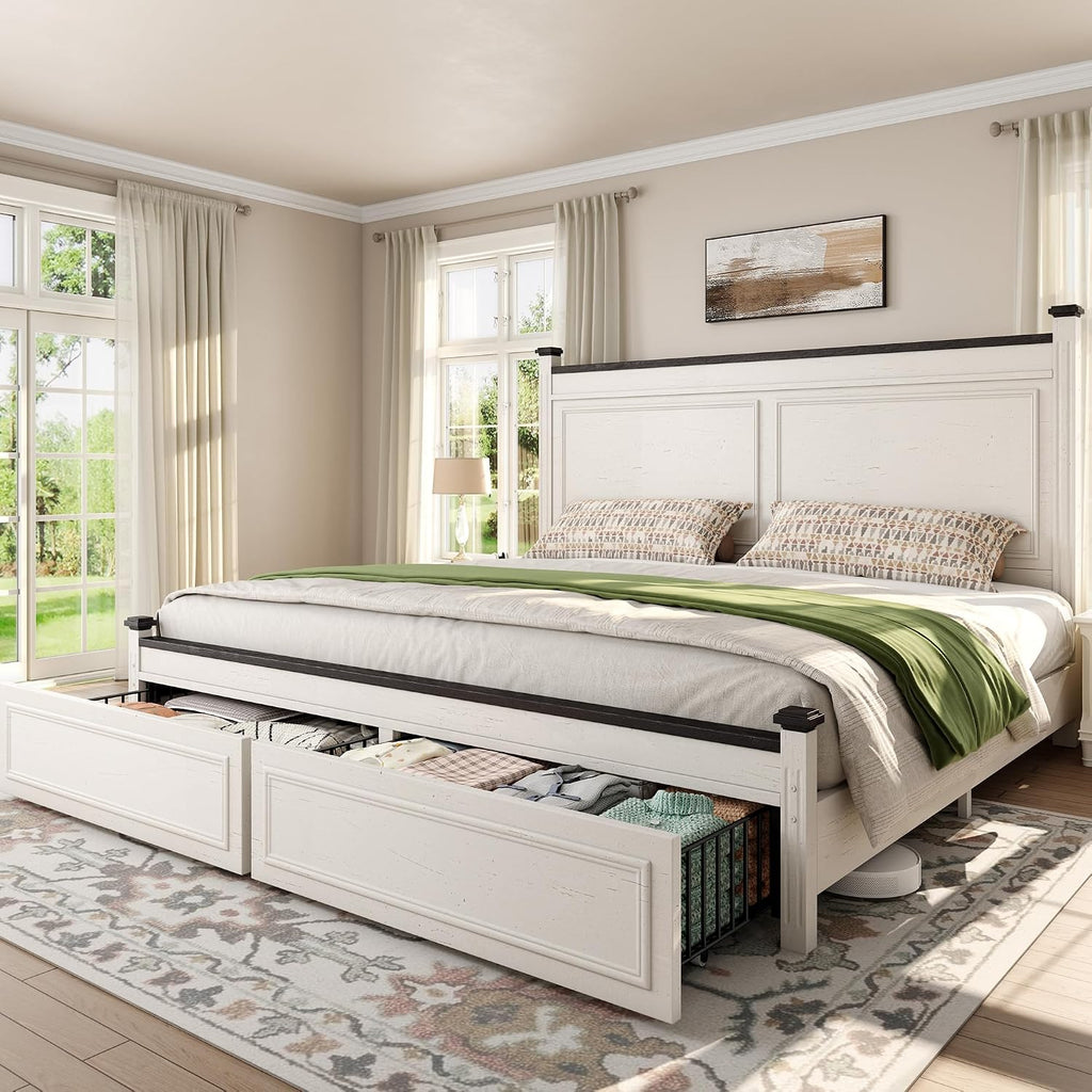 Homkdom Farmhouse King Size Bed Frame, 51' Tall King Bed Frame and Headboard, Bed Frame with 2 Storage Drawers, No Box Spring Needed, White