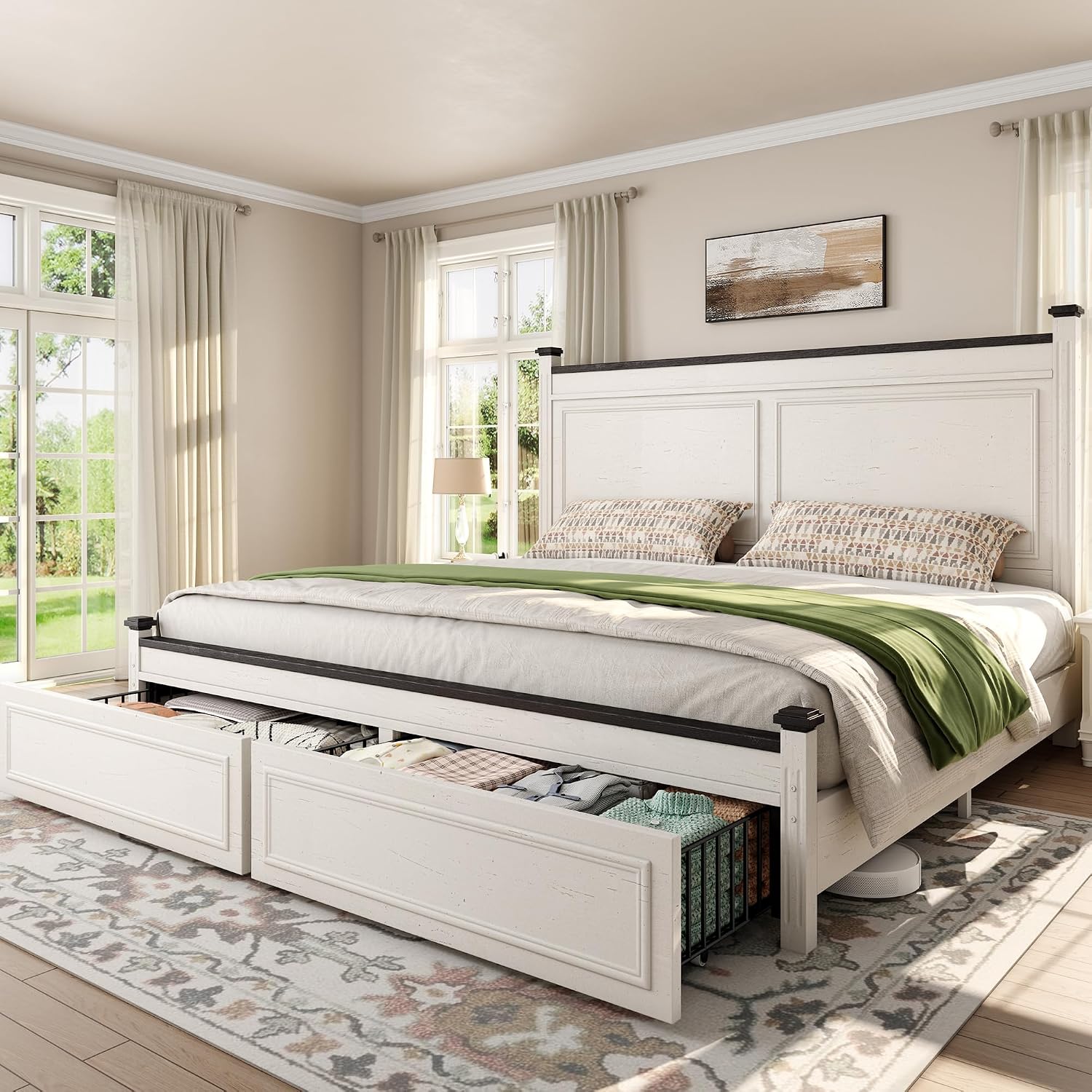 Homkdom Farmhouse King Size Bed Frame, 51' Tall King Bed Frame and Headboard, Bed Frame with 2 Storage Drawers, No Box Spring Needed, White
